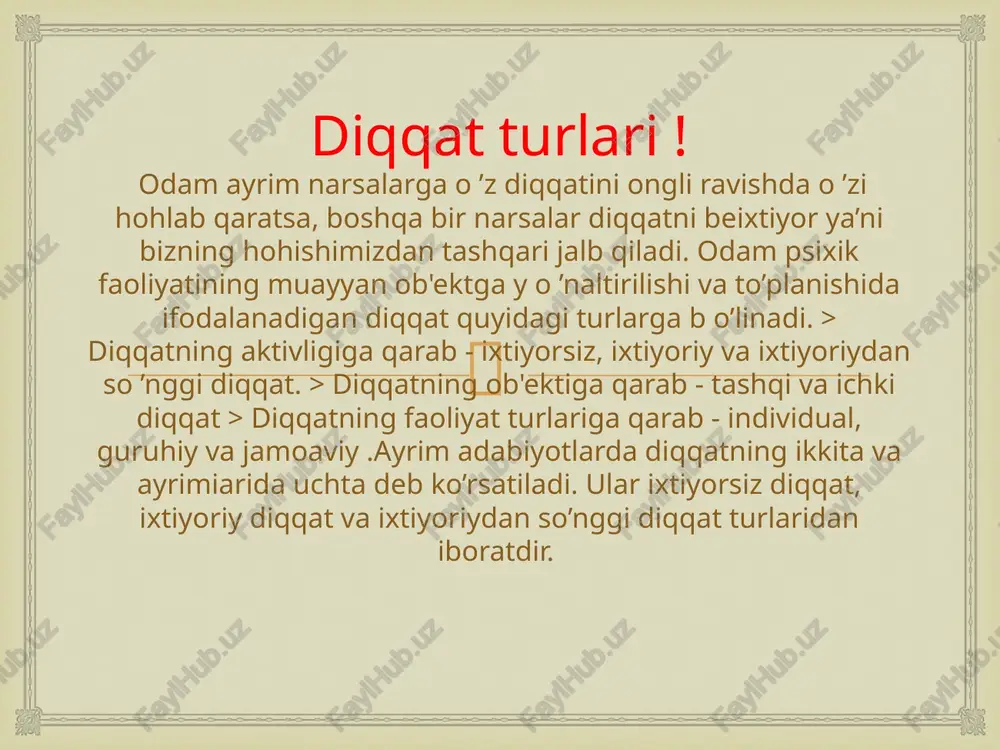 o’lib, sezgi a'zolarimizga ta'sir ctib turgan narsa va hodisalami butun belgi hamda xususiyatlari bilan butunligicha, ya’ni yaxlit aks ettirishdan iboratdir. masalan, olmani ko’rgan paytimizda uning shakli, rangi, ta’mi, hidi va navi bilan birgalikda bir butun narsa tarzida idrok etamiz. demak, idrok qilish jarayonida deyarli barcha sezgilarimiz qatnashadi. shuning uchun ham idrok sezgiga nisbatan ancha murakkab aks ettirish jarayonidir. shaxs tevarak-atrofdagi narsa va hodisalaming faqat ayrim xossalarini ongda aks ettirib qolmaydi, balki ulaming barcha xossalarini birgalikda bir butun holda ham aks ettiradi. psixologik adabiyotiarda idrok tushunchasiga turlicha ta’riflar uchraydi. jumladan m.vohidovning "psixologiya" darsligida idrok deb sezgi a'zolarimizga ta'sir etayotgan narsa va hodisalami yaxlit holicha aks ettirishga aytiladi, deb keltiriladi. v.karimovaning "psixologiya" o’quv qo’llanmasida idrok bu bilishimizning shunday shakliki, u borliqdagi ko’plab xilma-xil predmet va hodisalar orasida bizga ayni paytda kerak bo’lgan ob‘yektni xossa va xususiyatlari bilan yaxlit tarzda aks ettirishimizni ta'minlaydi. keltirilgan ta’riflardan kelib chiqqan holda idrokka quyidigicha ta’rif berish mumkin: …