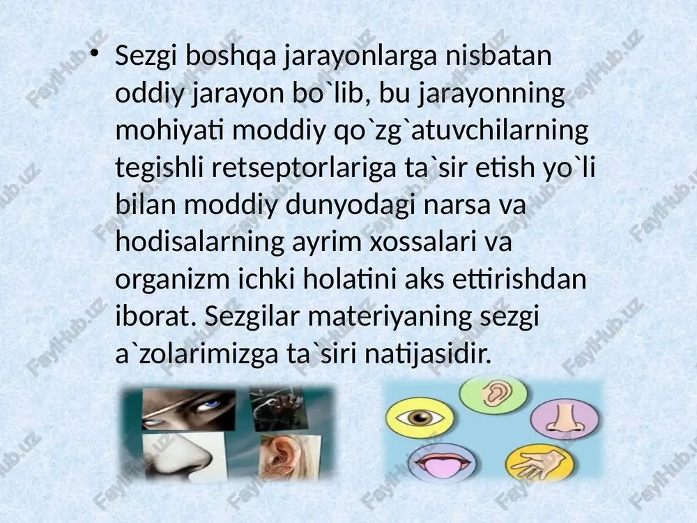 uvlariga qarama-qarshi bo’lgan holat sekin idrok qilinadi ogohlik tamoyili inson psixikasiga tahdid solayatgan obyektlar tez idrok qilinadi shohista soatova. mavzu: tam bilish idroki idrok haqida tushuncha. idrok sezgilarga nisbatan murakkab va mazmundor psixik jarayon bo’lib, barcha ruhiy holatlar, xususiyatlar, xossalar va inson ongining yaxlit mazmuni egallangan bilimlar, tajribalar, ko’nikmalar bir davrning o’zida namoyon bo’ladi, aks ettirishda ishtirok etadi. idrok sezgiga nisbatan bir muncha murakkabroq, to’laroq aks ettirish jarayoni bo’lib, sezgi a'zolarimizga ta'sir etib turgan narsa va hodisalarni butun belgi hamda xususiyatlari bilan butunligicha, ya'ni yaxlit aks ettirishdan iboratdir. masalan, olmani ko’rgan paytimizda uning shakli, rangi, ta'mi, hidi va navi bilan birgalikda bir butun narsa tarzida idrok etamiz. demak, idrok qilish jarayonida deyarli barcha sezgilarimiz qatnashadi. psixologik adbiyotlarda idrok tushunchasiga turlicha ta'riflar uchraydi. jumladan m.vohidovning "psixologiya" darsligida idrok deb sezgi a'zolarimizga ta'sir etayotgan narsa va hodisalarni yaxlit holicha aks ettirishga aytiladi, deb keltiriladi. v.karimovaning "psixologiya" o’quv qo’llanmasida idrok - bu bilishimizning …