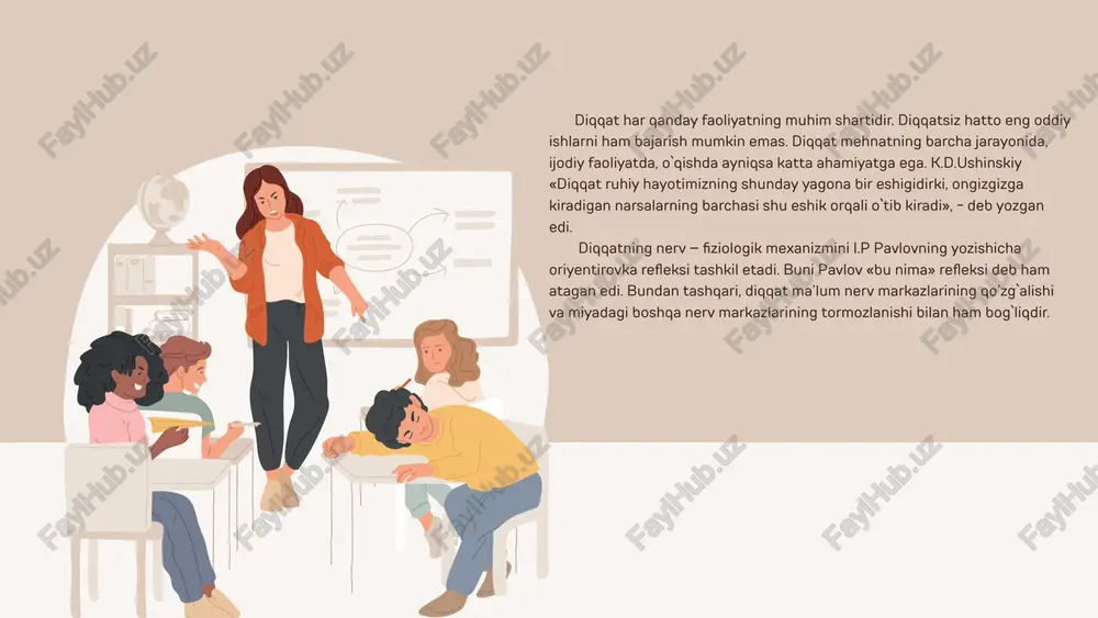 ob’yektning o`zi o`zgarmaydigan bo`lsa va uni turli jihatdan o`rganib bo`lmasa, u holda bu ob’yektga uzoq vaqt mobaynida diqqatni jalb etish o’ta mushkul, chunki bir xillik diqqatni susaytirib qo`yadi. ob’yektning murakkablanishi va shaxsning faolligi diqqatning barqarorligiga olib keladi. diqqatni ko`chishi diqqatni ko`chishi sub’yektning bir faoliyatdan ikkinchi faoliyatga, bir ob’yektdan ikkinchi ob’yektga, bir harakatdan ikkinchi harakatga ataylab o`tishidan namoyon bo`ladi. diqqatning ko`chirilishida individual farqlar mavjud. ba’zi odamlar bir faoliyatni kurib, ikkinchisini bajarisha oladi, boshqalar uchun bu ancha vaqt va kuch –g`ayrat sarflashga olib keladi. diqqatni bo’linishi diqqatning bo`linishi – psixik faoliyatning shunday tashkil qilinishiki, bunda aynan bir vaqtning o`zida diqqatimiz ikkita va undan ortiq narsalarga qaratiladi. diqqat haqiqatan ham bo`linadimi? bu sohada ko`plab tajribalar o`tkazilgan. natijada, ayrim tadqiqotchilar diqqat bo`linadi desalar, boshqalari u bo`linmaydi, aksincha bir faoliyatdan ikkinchi faolyatga tez ko`chadi degan xulosaga kelganlar. albatta, diqqatning bo`linishi uchun bajarayotgan ishlarimiz ma’lum darajada avtomatlashgan bo`lishi lozim. masalan, rulga yangi o`tirgan haydovchi tormozni bosaman …