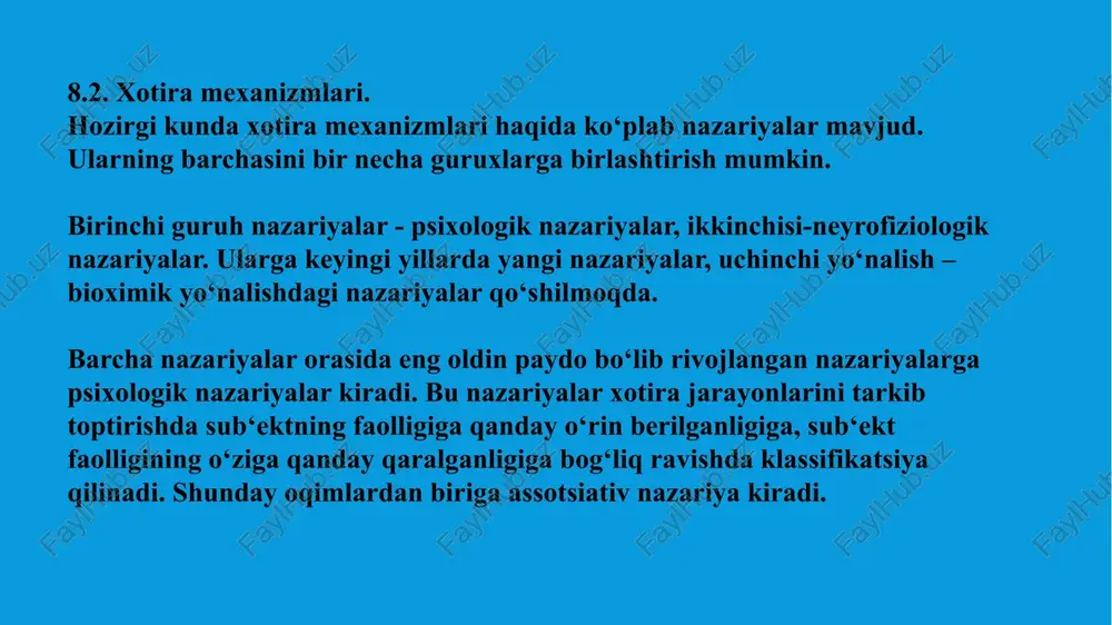 a olib qolish, ixtiyorsiz ravishda qayta esga tushirish ixtiyorsiz xotira deyiladi. biz o‘z oldimizga biron maqsad qo‘yib esda olib qolganimizda ixtiyoriy xotira haqida gap boradi. ixtiyoriy ravishda esda olib qolish va esga tushirish jarayonlarida maxsus mnemik («mneme» lotincha so‘z bo‘lib xotira degan ma’noni bildiradi) harakatlar tarzida amalga oshiriladi. qisqa muddatli va uzoq muddatli xotira.operativ xotira. ma’lum bir materialni esda olib qolish uchun va uni xotirada mustahkamlash uchun u sub‘ekt tomonidan tegishli ravishda ishlab chiqilishi lozim. bunday ishlab chiqish ma’lum mikdorda vaqt talab qiladi. bu vaqt izlarni konsolidatsiyalash (lotincha «consolidatio» so‘zidan olingan bo‘lib, mustahkamlash degan ma’noni anglatadi) vaqti deb ataladi. biz ma’lum dakika davomida hozir bevosita idrok qilmayotgannarsalarni guyo ko‘rishda, eshitishda davom etamiz (xuddi ko‘z o‘ngimizda turganday yoki qulog‘imizga eshitilayotganday bo‘laveradi). bu protsesslar beqaror va o‘zgaruvchan bo‘lib, qisqa muddatli xotira deb nom olgan. juda ko‘p takrorlashlar, qayta tiklashlar natijasida materialni uzoq muddat davomida esda saqlab qolish harakaterli bo‘lgan uzoq muddatli xotiradan …