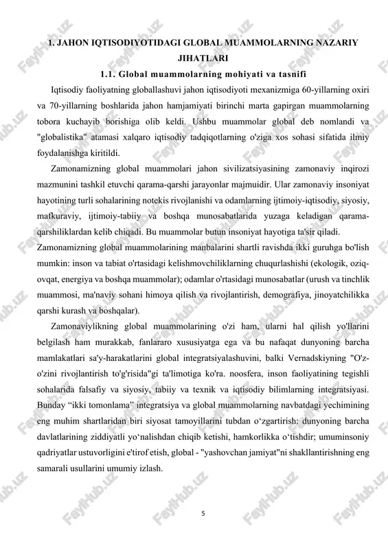 ro urushining oldini olish masalasi birinchi o'rinda turadi, boshqalari harbiy va mintaqaviy mojarolarni birinchi o'ringa qo'yadi, boshqalari esa bir qator mamlakatlarning demografik, oziq-ovqat yoki qashshoqlik va rivojlanmaganligini bartaraf etish muammosini qo'yadilar. ko'rinishidan, bu muammolarning barchasini ustuvor deb atash mumkin, chunki barcha global muammolar insoniyatning omon qolishi bilan bog'liq. global muammolarning ustuvorligini belgilash masalasi nafaqat ilmiy, balki katta amaliy ahamiyatga ega. turli tadqiqot markazlarida olib borilgan hisob-kitoblarga ko'ra, global muammolarni hal qilish uchun insoniyatning yillik xarajatlari kamida 1 trillionni tashkil qilishi kerak. dollar, ya'ni. 2013 yil oxirida jahon yalpi ichki mahsulotining taxminan 1,3% ni tashkil etdi. demak, muayyan muammoning reytingi va uning yechimini reytingga muvofiq moliyalashtirish katta ahamiyatga ega. global muammolarning aksariyati o'zaro bog'liq va ularni hal qilish faqat kombinatsiyalangan holda mumkin. bu boradagi taraqqiyot ulkan mablag‘lar va global harakatlar dasturi doirasida barcha mamlakatlarning birgalikdagi sa’y-harakatlarini talab qiladi. global muammolar bir-biri bilan o'zaro ta'sir qiladi. quyida biz ulardan ba'zilarini tavsiflaymiz: 1. …