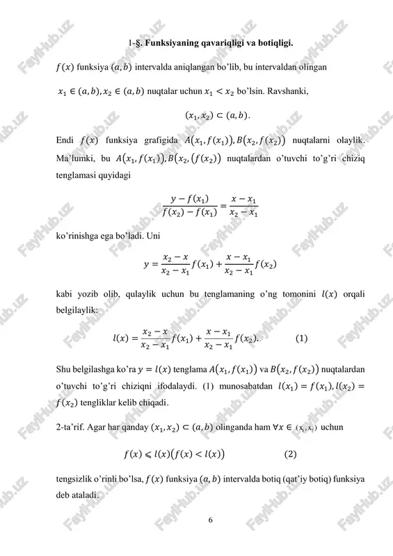 to‘plami. uzilish nuqtalari yo‘q. funksiyaning chegaraviy qiymatlari: x lim x(x2-1)=+; x lim x(x2-1)=-; 2) funksiya davriy emas, toq funksiya 3) funksiyaning uchta noli bor: x=0; x=-1; x=1. ushbu x(x2-1)>0 tengsizlikni yechamiz, uning yechimi (-1,0)(1,+) to‘plamdan iborat. demak, funksiya (-1,0)(1,+) to‘plamda musbat va (-,-1)(0,1) to‘plamda manfiy qiymatlar qabul qiladi. 4) og‘ma asimptotaning burchak koeffitsientini topamiz: k= x lim x y = = x lim (x2-1)=. demak, og‘ma asimptota mavjud emas. vertikal asimtotalar ham mavjud emas (chunki, uzilish nuqtalari yo‘q). 14 5) funksiya hosilasini topamiz: y’=3x2-1.hosilani nolga tenglashtirib statsionar nuqtalarini topamiz: y’=0 yoki 3x2-1=0, bundan x=-1/ 3 , x=1/ 3 . ushbu (39-a- chizma) sxemani chizamiz, va intervallar metodidan foydalanib funksiya hosilasining ishoralarini aniilaymiz. bundan funksiya(-,-1/ 3 ) va (1/ 3 ,+) intervallarda monoton o‘suvchi, (-1/ 3 ,1/ 3 ) intervalda monoton kamayuvchi; x=-1/ 3 nuqtada maksimumga, x=1/ 3 nuqtada minimumga ega ekanligi kelib chiqadi. ekstremum nuqtalarida funksiya qiymatlarini hisoblaymiz: agar xmax=-1/ …