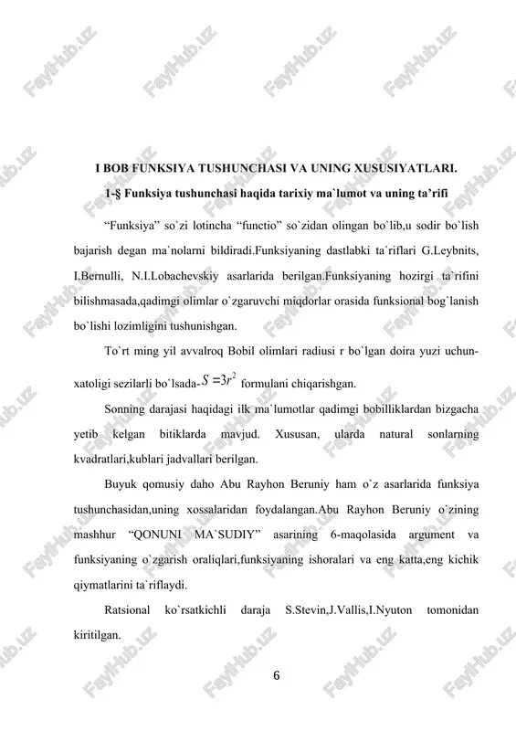 usul bilan hosil qilingan qiymatga aytiladi. 1834 – yilda labachevskiy funksiya tushunchasini yanada oydinlashtiradi va hozirgi ta’rifga yaqinroq ta’rifni beradi. ta’rif: x ning funksiyasi deganda x ning har qanday qiymatiga mos kelgan va y bilan birga o’zgaradigan sonlarni bilamiz. chex matematigi bol’tsono ham mazmunan labachevskiy ta’rifiga yaqin ta’rif beradi. 1834-yilda nemis matematigi dirixle (1805-1850) funksiyani quyidagicha ta’riflaydi. ta’rif: y ni x o’zgaruvchining [a, b] oraliqdagi funksiyasi deyiladi, agar x ning har bir qiymatiga y ning aniq bir qiymati mos kelsa. to’plamlar nazariyasi yaratilishi bilan uning ijodkorlari nemis matematigi g. kontor, r. yulitse, dedikind funksiya tushunchasining umumlashmasi- akslantirishga ta’rif berdilar. ta’rif: x va y to’plamlar berilgan bo’lsin. x to’plamni y to’plamga akslantirish f berilgan deyiladi. agarda x to’plamning har qanday x elementiga y to’plamdagi unga mos y element mos keltirilgan bo’lsa uni x elementning f akslantirishdagi obrazi deb ataladi. tabiatda ikki xil miqdorlar uchraydi, o’zgaruvchi va o’zgarmas miqdorlar. bizga bir necha …