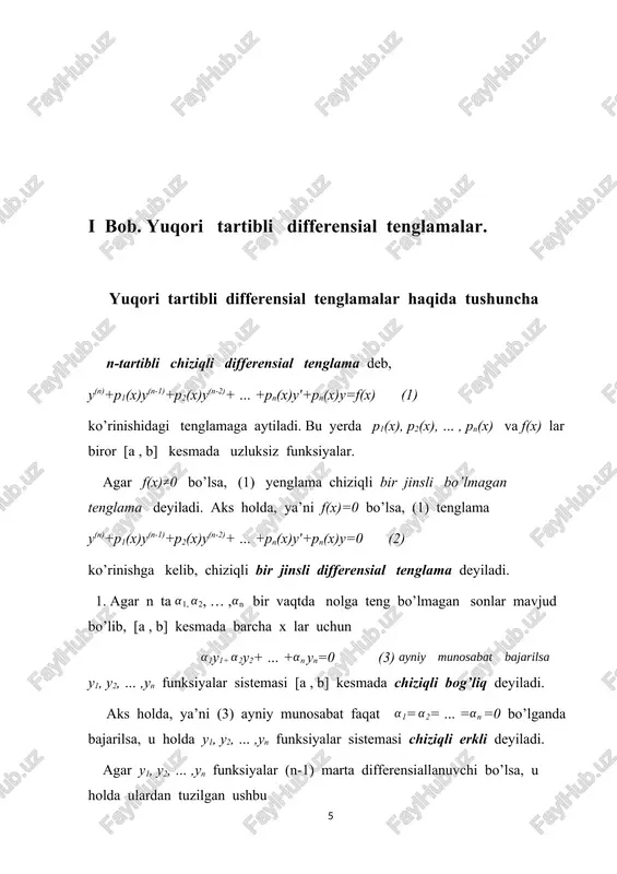 li bir jinsli bo’lmagan (1) differensial tenglamaning umumiy yechimi bu tenglamaning ỹ xususiy yechimi va unga mos bir jinsli (2) tenglamaning ӯ umumiy yechimi yig’indisidan iborat, ya’ni y= ỹ+ ӯ. agar (2) ning chiziqli erkli y1, y2, … ,yn yechimlari ma’lum bo’lsa, u holda o’zgarmaslarni variatsiyalash usulini qo’llab , (1) ning umumiy yechimini y= c1(x)y1+c2(x)y2+ … +cn(x)yn formula bo’yicha topish mumkin, bundagi ci(x) lar (k= 0, … (n-2).) (3) sistemadan topiladi. misol. o’zgarmaslarni variatsiyalash usulidan foydalanib, ushbu xy''+(2x-1)y'=-4x2 (1) bir jinslimas tenglamaning umumiy yechimini toping. yechish. avval berilgan tenglami y''+ y'=-4x (x ko’rinishif=da yozib olamiz. mos bir jinsli y''+ y'=0 tenglamani y'= p va y''= p' deb, o’zgaruvchilari ajraladigan p'+ p=0 tenglamaga keltiriladi. o’zgaruvchilarni ajratib, so’ngra integrallasak, quyidagilarga ega bo’lamiz: =- p, =dx, ln= - 2x+ln+ln, ln= - 2x p=c1xe-2x p ni y' ga almashtiramiz: y'= c1xe-2x. hosil qilingan tenglamani integrallasak, bir jinsli tenglamaning umumiy yechimi y= c1xe-2x(2x+1)+c2 kelib chiqadi. …