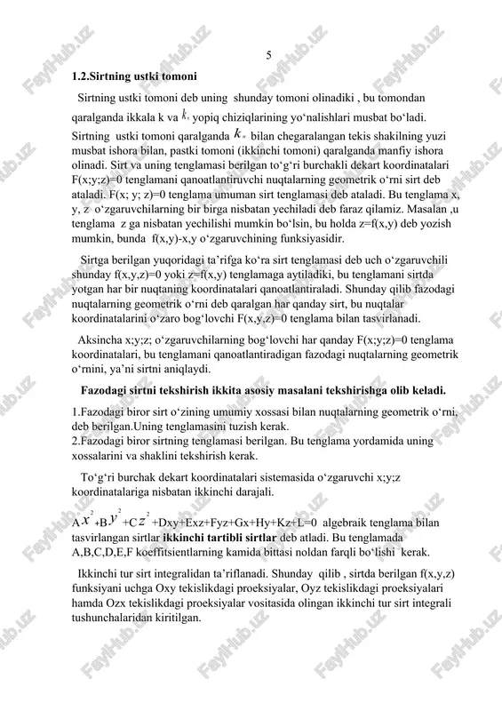yoki ostki tomonini ) qaraylik. sirtning p bo‘linishini va bu bo‘lishining har biri () bo‘lagida (k=1,2, …., n,) ixtiyori (,,) nuqta olaylik. berilgan funksiyaning (,,) nuqtadagi (,,) qiymatini (oxy, oyz, ozx) tekislikdagi proeksiyasi () ((), (),()) ning yuziga ko‘paytirilib, quyidagi integral yig‘indini tuzamiz : 1 2 1.3.1- formula yuzalarning integral yeg‘indisi (s) sirtning shunday …… … bo‘linishlarini qaraymiz , ularning mos diametrlaridan tashkil topgan …….. ….. ketma-ketlik nolga intilsin: . bunday (m=1,2…..) bo‘linishlarga nisbatan f(x,y,z) funksiyaning integral yig‘indilarini tuzamiz. natijada … …. …. ketma-ketlik xosil bo‘ladi . agar (s) sirtning xar qanday …… … bo‘linishlariga ketma-ketligi ( ) olinganda ham, unga mos () ketma-ketlik, (,,) nuqtalarni tanlab olinishiga bog‘liq bo‘lmagan holda hamma vaqt bitta i soniga intilsa , bu i son () yig‘indining limiti deb ataladi. 7 1.4. yig‘indining limit 1.4.1-formula yig‘indining limit agar da f(x,y,z) funksiyaning integral yig‘indisi chekli limitga ega bo‘lsa, f(x,y,z) funksiya (s) sirtning tanlangan tomoni bo‘yicha …