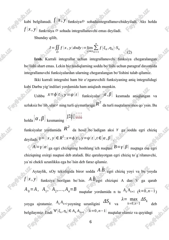 i silliq (yoki bo`lakli silliq) sirt berilgan bo`lib, funksiya shu sirtda aniqlangan bo`lsin. (s) sirtnitarzda o`tkazilgan egri chiziqlar to`ri yordamida qismlarga ajratamiz. ning yuzasini deb belgilaymiz .har bir da nuqta olib integral yig`indini tuzamiz va deb belgilaymiz. ta’rif. agar mavjud va chekli bo`lib, i ning qiymati (s) sirtning bo`linish usuli hamda nuqtalarning tanlanishiga bog`liq bo`lmasa, u holda i ga funksiyadan (s) sirt bo`yicha olingan 1-tur sirt integralideyiladi va kabi belgilanadi. teorema. agar sirt ushbu ko`rinishda berilgan bo`lib, va bo`lsa, u holda bo`ladi. bo`lib, bo`lakli silliq egri chiziq va ning tekisligiga proyeksiyasi bo`lsin. faraz qilaylik, (s) sirtda uzluksiz funksiyalar aniqlangan bo`lib, bu funksiyalarning barcha birinchi tartibli xususiy hosilalari (s) sirtda uzluksiz bo`lsin. teorema. agar yuqoridagi shartlar bajarilsa, u holda ushbu stoks formulasio`rinli bo`ladi. shunday qilib, stoks formulasi (s) sirt bo`yicha olingan 2-tur sirt integrali bilan shu sirtning chegarasi bo`yicha olingan egri chiziqli integralni bog`lovchi formuladir. ta`rif: kompleks son deb ma`lum bir …