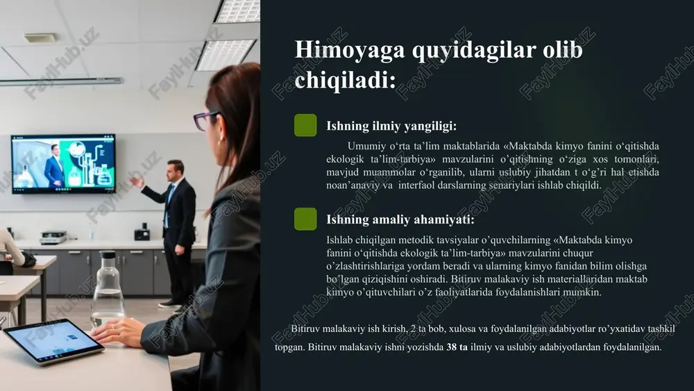 ona effekti atmosferaga chiqariladigan gazlar co₂ va metan gazlari yer sharining o‘rtacha haroratini oshiradi. global oqibatlar muzliklar erishi, dengiz sathining ko‘tarilishi va anomal ob-havo hodisalari yuz beradi. kimyo sanoatining roli ushbu jarayonlarga ta’sir ko‘rsatib, iqlim o‘zgarishining oldini olish uchun chora ko‘rish zarur. 11 kimyo sanoatining ekologik muammolarini yechish yo‘llari tozalovchi inshootlarni rivojlantirish atmosfera, suv va tuproq ifloslanishini kamaytirish uchun zamonaviy texnologiyalarni joriy etish. chiqindilarni boshqarish qayta ishlash va utilizatsiya qilish tizimlarini kengaytirish. iqlim o‘zgarishiga qarshi kurash issiqxona gazlarini kamaytirish va ekologik barqarorlikni ta’minlash. ushbu chora-tadbirlar kimyo sanoatining ekologik ta’sirini kamaytirishga yordam beradi va barqaror rivojlanishni ta’minlaydi. 12 zararli moddalarning atrof-muhitga va inson salomatligiga ta’siri zararli modda manbasi ekologik ta’siri inson salomatligiga ta’siri co₂ sanoat, transport issiqxona effekti, global isish bilvosita ta’sir so₂ sanoat, yoqilg‘i kislotali yomg‘ir, o‘simliklarga zarar nafas yo‘llari kasalliklari noₓ transport, sanoat atmosfera ifloslanishi, smog allergiya, astma ch₄ qishloq xo‘jaligi, sanoat issiqxona effekti bilvosita ta’sir co transport, yonish …