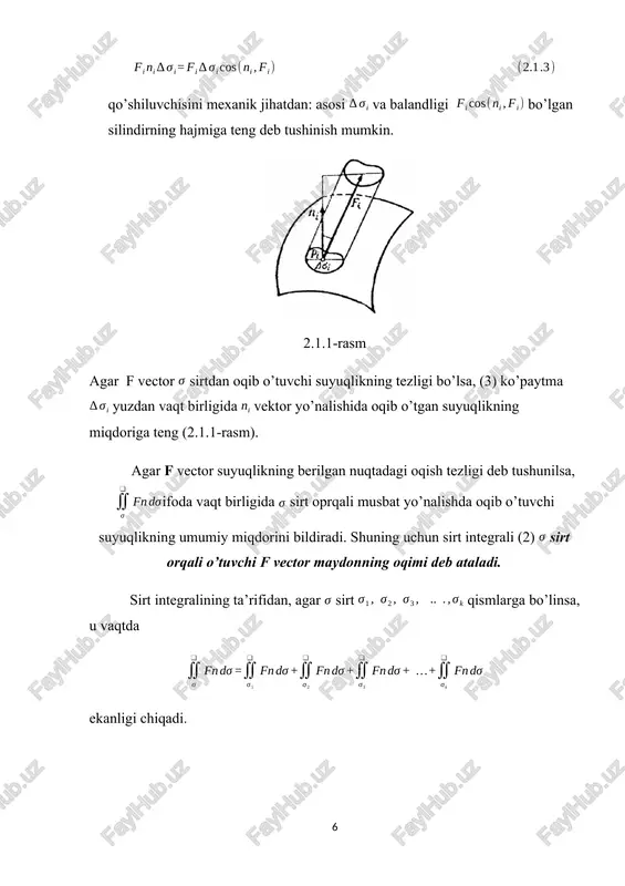 ko’paytmaning ishorasi manfiy bo’ladi; shunga ko’ra ikkinchi integral oldidagi ishora ham manfiy bo’ladi. biroq, so’ngi formulaning o’ng tamonidagi integrallarning ayirmasi, sirt bilan chegaralangan hajmni beradi. demak, yopiq sirt bilan chegaralangan jismning hajmi, sirt bo’yicha olingan: integralga tengdir. 2-misol. koordinatalar boshiga joylashtirilgan e musbat elektir zaryadi vector maydon hosil qiladi, fazoning har bir nuqtasida vector f kulon qonuni bo’yicha aniqlanadi: bunda r-koordinatalar boshidan qaralayotgan nuqtagacha bo’lgan masofa; m-berilgan nuqtaning radus vektori boyicha yo’nalgan birlik vector (2.2.2-rasm); k-o’zgarmas koeffitsent. markazi koordinatalar boshida bo’lgan r radusli sfera orqali o’tuvchi vector maydonning oqimi aniqlansin. 2.2.2-rasm yechim. r=r =const ekanligini etiborga olib, ushbuni hosil qilamiz: biroq, so’ngi integral sirtning yuzasiga teng. haqiqatdan, integralning ta’rifiga asosan ( ekanligini hisobga olinsa): demak, oqim: 3-&.stoks va ostrogradskiy formulalari 10. stoks formulasi. fazoda ushbu (1) (1) tenglama bilan aniqlangan sirtni qaraylik. uning tekislikdagi proeksiyasi to‘plamni (shaklni) hosil qilsin. sirt va shaklning chegaralovchi yopiq chiziqlarni (konturlarni) mos ravishda va deylik. …