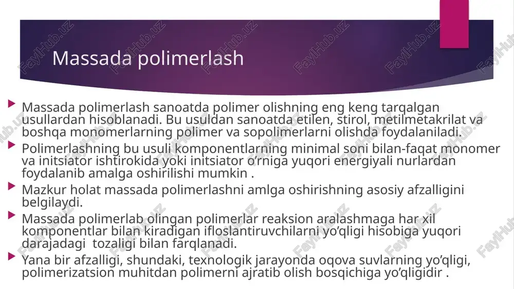 attiq fazada polimerlash jarayonlarini initsirlash usullaridan qat’iy nazar ayni monomerning suyuq fazada polimerlanish tezligiga nisbatan ancha sekin boradigan sust va ba’zi hollarda portlash tezligiga etadigan jadal reaksiyalarga bo‘lish mumkin. sust polimerlanish qattiq fazada monomerning suyuqlanish haroratidan ancha past haroratda, va agar monomer amorf, shishasimon holatda (masalan, monomer bug‘larini o‘ta sovutilgan sirtga o‘tkazilganda) shisha – kristall fazaviy o‘tish haroratidan birmuncha yuqori haroratda boradi. qattiq fazada polimerlanish turli xil mexanizmlarda borishi mumkin. reaksiya ba’zan ionli mexanizmda borsa, ba’zi sistemalarda radikal yoki ion-radikal mexanizmda boradi deb taxmin qilinadi. ta’kidlash lozimki, qattiq fazada radiatsion polimerlashda, qator holatlarda quyi molekulyar massali polimerlar hosil bo‘lishiga olib keluvchi suyuq fazada polimerlashdan farqlanib, yuqori molekulyar massali polimerlar olish mumkin. qattiq fazada radiatsion polimerlash tezligi ba’zan suyuq fazada polimerlash tezligidan ancha katta bo‘ladi. image1.jpeg image2.jpg image3.jpg image4.jpg image5.jpg image6.jpg image7.jpg image8.png image9.jpg image10.png image11.png image12.jpg image13.jpg image14.png image15.jpg image16.jpg image17.png /docprops/thumbnail.jpeg