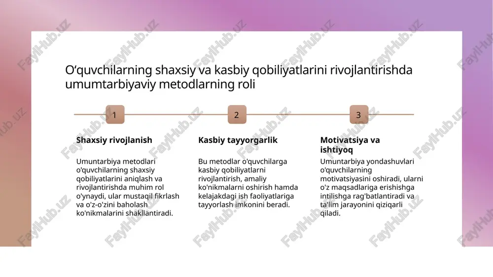 gi pedagogik usullar innovatsion yondashuvlar, masalan, gamifikatsiya va onlayn platformalar, o‘quvchilarning motivatsiyasini oshiradi va mustaqil fikrlashni rivojlantiradi. shaxsiy rivojlanish texnologiyalar yordamida o‘quvchilarga o‘z qobiliyatlarini aniqlash va rivojlantirish uchun shaxsiylashtirilgan o‘quv rejalari ishlab chiqish mumkin. interaktiv muhit digital platformalar va mobil ilovalar orqali ta’lim jarayoni yanada interaktiv bo‘lib, o‘quvchilarning muomala va kommunikatsiya ko‘nikmalarini mustahkamlashga yordam beradi. oʻquvchilarda mustaqil fikrlash va o‘z-o‘zini baholash ko‘nikmalarini rivojlantirish usullari mustaqil fikrlashni rivojlantirish o‘z-o‘zini baholash usullari amaliy mashgʻulotlar va texnologiyalar oʻquvchilarga muqobil fikrlash, muammo yechish va kreativ yondashuvlarni qoʻllash imkoniyatlarini taqdim etish orqali mustaqil fikrlash rivojlanadi. oʻquvchilarni o’z fikrlash jarayonini tahlil qilish, baholash va o’zlarini rivojlantirishga undash uchun refleksiya va savol-javob metodlari qoʻllaniladi. praktik vazifalar, diskussiyalar va interaktiv texnologiyalar yordamida oʻquvchilarning mustaqil fikrlash va baholash qobiliyatlari mustahkamlanadi. oʻzbekiston shartlariga mos keladigan pedagogik strategiyalarning asosiy tamoyillari 1 mintaqaviy moslik - oʻzbekiston shartlariga mos pedagogik strategiyalar hududiy va madaniy xususiyatlarga muvofiq ishlab chiqilishi va amalga oshirilishi lozim, bu …