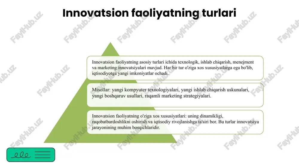 . 2. sultonov, m. (2020). o'qituvchining innovatsion faoliyatini rivojlantirish yo'llari. o'zbekiston milliy universiteti matbuoti. 3. karimov, b. (2018). innovatsion ta'lim texnologiyalarining ta'lim sifatini oshirishdagi roli. o'zbekiston pedagogika jurnali, 5(12), 45-52. 4. tashkent, t. (2021). innovatsion faoliyat va ta'lim sifatining ta'lim jarayoniga ta'siri. toshkent: innovatsiya markazi. 5. abdullayev, r. (2022). ta'limda innovatsiyalar: zamonaviy muammolar va yechimlar. akademik nashriyot, 3(7), 78-85. e'tiboringiz uchun rahmat! image1.png image2.png image3.png image4.png image5.png image6.png image8.png image9.png image10.png image11.png image16.png image17.png image19.jpg image15.png image20.jpg image13.png image14.png image21.jpg image22.jpg image23.jpg image7.png image18.png