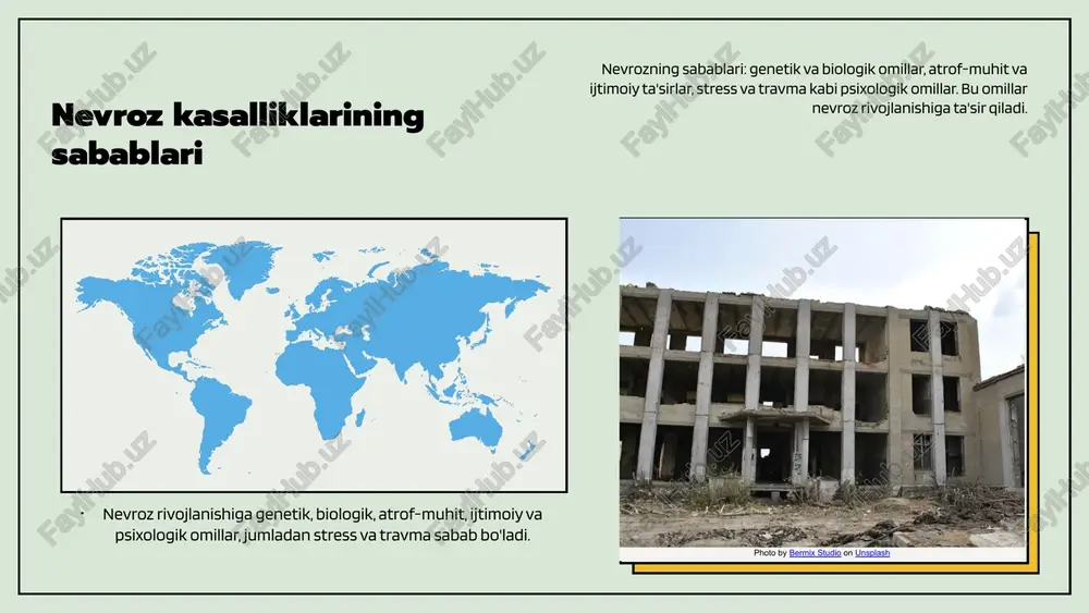 lliklarini oldini olishda yangi tadqiqotlar, psixologik yordam va innovatsiyalar muhim. bu strategiyalar bolalarda nevrozni oldini olish uchun samarali bo‘lishi mumkin. yangi tadqiqotlar va metodlar psixologik yordamni rivojlantirish strategiyalari innovatsion texnologiyalar va yondashuvlar nevroz profilaktikasini kuchaytiradi. kelajakda rivojlanish istiqbollari xulosa bolalarda nevroz kasalliklari belgilari, tashxis, sabablar va oldini olish usullari haqida umumiy xulosa berildi. rivojlanish uchun asosiy yo'nalishlar va strategiyalar ko'rsatildi, shuningdek, oilaviy va maktab muhitining hamkorligi hamda zamonaviy texnologiyalar bilan oldini olish imkoniyatlari ta'kidlandi. kelajakda yangi tadqiqotlar va innovatsion usullar bilan nevrozning oldini olish imkoniyatlari kengayadi. o'zaro hamkorlik, doimiy rivojlanish va muhim strategiyalar orqali bu muammoga yechim topish mumkin. bu jarayonda psixologik yordam va texnologiyaning roli muhimdir. 1 2 foydalanilgan adabiyotlar 1. o‘zbekiston respublikasi xalq ta'limi vazirligi. maktablar uchun psixologik yordam va profilaktika dasturlari. toshkent: o‘zbekiston respublikasi ta'lim nizomi, 2020. 2. ismoilova d., & qodirova s. bolalarda nevroz va uning profilaktikasi. psixologiya va ta'lim jurnali, 2019. 3. abdullayeva m. nevroz …