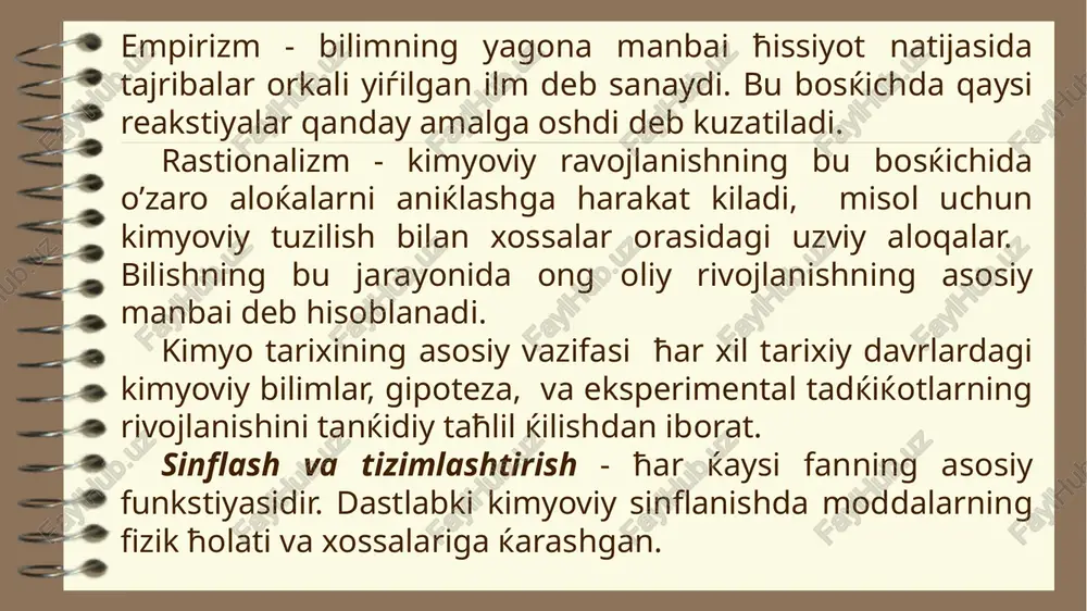dastlab mis metali va buyum-larini yasash eramizdan 4000 yil ilgari sinay yarim oroli va ћozirgi iroќning toѓlik viloyatlarida shakllangan va rivojlangan. xi asr kimyogarlarining mis ishlab chiќarish texnologiyasi ќadimgi tajribalardan juda kam farќ ќilgan. ќadimiy mis rudasi tarkibida as, sn, hb, fe kabi elementlarni tutgani uchun ular yuќori mustaћkamlik va ќattiќlikka ega edilar, bronza davrigacha uzoq mis davri davom etgan. bronza davrining eng yirik voqealaridan dastlabkisi troyan urushi bo’ldi. bu urushda bronzadan ќurol-aslaћa, anjomlari va ћimoya kiyimi bo’lmagan askar o’limga mahkum edi. misr bronzasi tarkibida 2-16 % ќalay bo’lgan, undan tashќari rux va boshќa metallar uchragan. assiriya imperiyasi (eramizdan ilgari birinchi ming yillik boshlanishida) bronzasining tarkibida qalaydan tashќari 3-7 % ќo’rѓoshin, 4 % gacha surma va temir metallari uchragan. hindiston bronzasi 4-13 % ќalaydan tashќari 3-4 % gacha mishyak tutgan. ќadimiy xitoy bronzasining tarkibida ќalayning miќ-dori turlicha: ќo’nѓiroklarda -16 % , ko’zgu va boshќa jilo beruvchi ќotishmalarda - 50 % …
