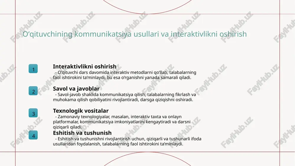 kamaytiradi, darslarni samarali tashkil etish va talabalarning ta'lim jarayoniga faolligini oshiradi. oʻqituvchining pedagogik strategiyalarining asosiy tamoyillari va maqsadlari 01 innovatsion yondashuvlar pedagogik strategiyalarining asosiy tamoyillaridan biri zamonaviy innovatsion yondashuvlarni qoʻllashdir. bu usullar o‘quv jarayonini qiziqarli va samarali qiladi. 02 individual yondashuv har bir o‘quvchining ehtiyojlari va qobiliyatlariga mos strategiyalarni ishlab chiqish muhim. bu orqali o‘quvchilarning rivojlanishi ta’minlanadi. 03 maqsadga yo‘naltirilganlik strategiyalarni maqsadga muvofiq va aniq belgilangan natijalarga erishish uchun ishlab chiqiladi. bu pedagogik jarayonning muvaffaqiyatini oshiradi. oʻzbek taʼlimida innovatsion metodlar va ularning samaradorligi 1 yangi texnologiyalar oʻzbek taʼlimida innovatsion metodlar dasturiy taʼminot, raqamli platformalar va interaktiv texnologiyalar orqali taʼlim sifatini oshirishga imkon yaratadi. 2 amaliy yondashuvlar muqobil pedagogik metodlar, masalan, loyiha asosida taʼlim va muhokama metodlari, talabalarning faol ishtirokini va mustaqil fikrlashni rivojlantiradi. 3 natijadorlik va samaradorlik innovatsion metodlar yordamida o’quvchilarning bilim darajasi oshadi, qiziqishlari kuchayadi va ularning amaliy ko’nikmalari rivojlanadi. oʻquvchilarning rivojlanishi uchun strategik pedagogik yondashuvlar 1 innovatsion metodlar …