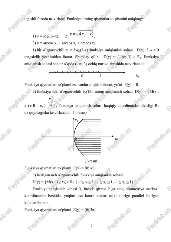y = f (x) funksiya uchun shunday bir musbat t son mavjud bo`lsaki, funksiyaning aniqlanish sohasiga tegishli har qanday x va x + t nuqtalari uchun f (x+t) = f (x) tenglik bajarilsa, y = f (x) funksiya davriy funksiya deyiladi. t soni esa funksiya davri deb yuritiladi. amalda funksiya davrlari ichidan eng kichigi t ni topish masalasi qo`yiladi, qolgan barcha davrlar uning butun karralisidan iborat bo`ladi. masalan, y = 5sin(0,25πx) funksiyaning eng kichik musbat davri . y = f (x) funksiya v r1 to`plamda aniqlangan bo`lib, uning biror-bir v1 qism osti to`plamidan ixtiyoriy ravishda tanlanadigan ikki x1 va x2 nuqtalar uchun x1 f (x2) (f (x1) ≥ f (x2) tengsizlik kelib chiqsa, y = f (x) funksiya v1 to`plamda kamayuvchi (o`suvchi emas) deyiladi. o`suvchi va kamayuvchi funksiyalarga qat`iy monoton funksiyalar deyiladi. masalan, y = ex aniqlanish sohasi r1 da qat`iy monoton o`suvchi funksiyaga misol bo`lsa, x haqiqiy sonning butun …