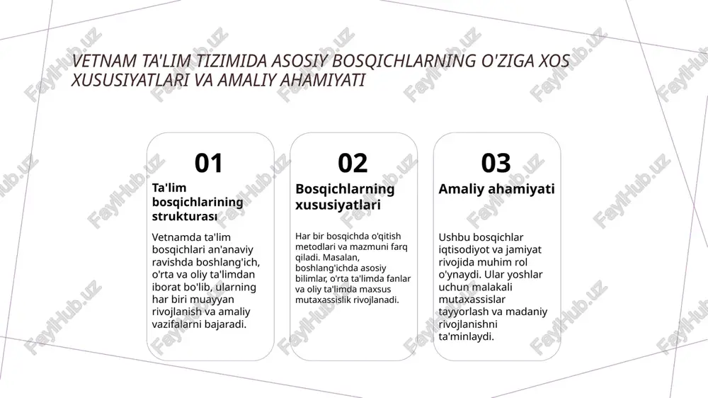 ba bilan muloqotni shakllantiradi. 2 ta'limda muloqot va hamkorlik madaniy farqlar global ta'lim hamkorligini rivojlantiradi. vetnam va dunyo o'rtasida madaniy dialog va tajriba almashinuvi, innovatsiyalarni kengaytiradi. 3 milliy identitet va globalizatsiya vetnam ta'limi milliy identitetni saqlash bilan birga, xalqaro miqyosda raqobatbardosh bo'lishga intiladi. bu, madaniy va ta'lim aloqalarini mustahkamlaydi. xulosa vetnam ta'lim tizimining asosiy xususiyatlari innovatsiyalar va xalqaro hamkorlik rivoji madaniy meros va milliy identitetni saqlash vetnam ta'lim tizimi boshlang‘ich, o‘rta va oliy bosqichlardan iborat bo‘lib, har biri jamiyat va iqtisodiy rivojlanishga muhim ta'sir ko‘rsatadi. ta'limda texnologik yutuqlar, raqamli platformalar va xalqaro hamkorlik ta'lim sifatini oshiradi, yoshlar uchun keng imkoniyatlar yaratadi va rivojlanishni ta'minlaydi. vetnam ta'limi milliy qadriyatlar, tarix va madaniyat bilan chambarchas bog‘liq bo‘lib, yoshlarni vatanga sadoqat va madaniy rivojlanishga yo‘naltiradi. foydalanilgan adabiyotlar 1. nguyen, t. h. (2020). vetnam ta'lim tizimi: tuzilishi va asosiy bosqichlari. vetnam ta'lim vazirligi nashri. 2. le, q. m. (2019). vetnam ta'lim siyosati va reformalari. …