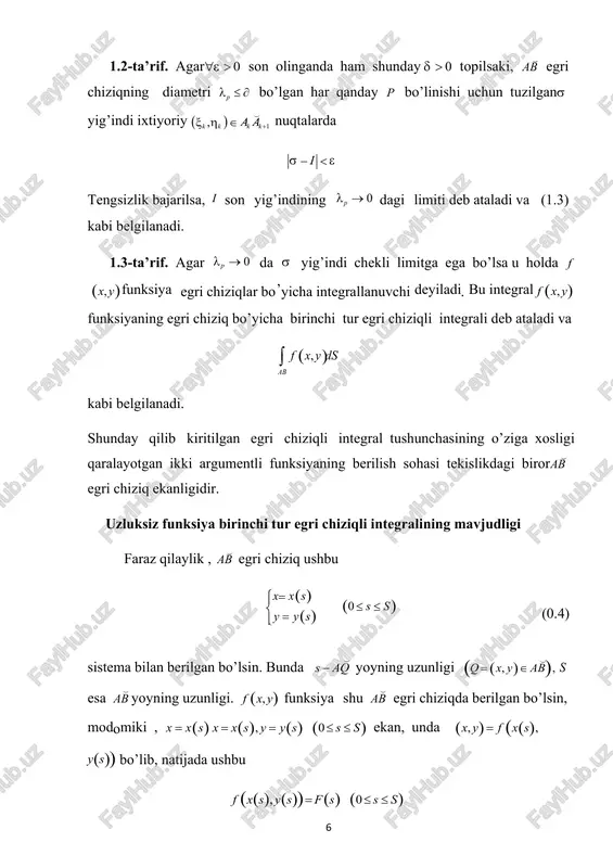 y funksiya berilgan va uzluksiz. 1 .agar ab accb bo’lsa, u holda  f x, y ds   f x, y ds  f x, y ds ab ac cb bo’ladi. 2 .ushbu 8     1  1  cf x, y ds  c  f x, ys c  const ab ab tenglik o’rinli. ab egri chiziqda f x, yfunksiya bilan gx, yfunksiya ham berilgan va uzluksiz. 3 .quyidagi f x, ygx, yds   f x, ydsgx, y ds ab ab ab formula o’rinli bo’ladi. 4 .agar x, yab da f x, y  0bo’lsa , u holda  f x, y ds  0 ab bo’ladi. 5 . f  x, y  funksiya shu ab da integrallanuvchi va  f x, yds   f x, yds ab ab bo’ladi. 6 . shunday c , c2  abnuqta topiladiki ,  …