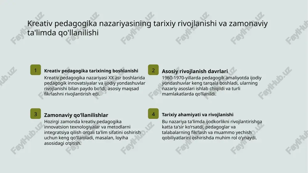 i. toshkent davlat universiteti nashriyoti, 2020. 2. karimov r. kreativ pedagogika fanini oʻqitish usullari va o'ziga xos xususiyatlari. oʻqituvchi, 2019. 3. sultonov m. kreativ pedagogika mazmuni, mohiyati va ta'limda innovatsion yondashuvlar. pedagogika va psixologiya jurnali, 2021. 4. tuychiyev b. kreativ pedagogika fanining nazariy asoslari. oʻquv qoʻllanma. namangan, 2018. 5. abdullayeva s. innovatsion yondashuvlar va kreativ pedagogikaning rivojlanishi. toshkent: yoshlar nashriyoti, 2022. e'tiboringiz uchun rahmat! /docprops/thumbnail.jpeg