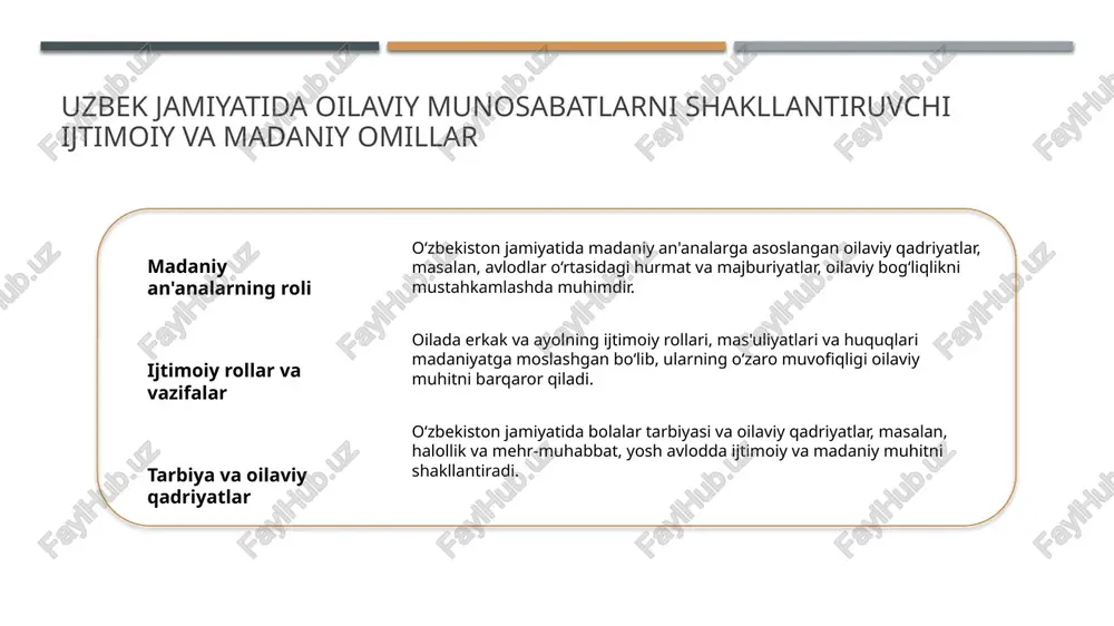 shunchalarini avloddan-avlodga o'tkazadi. 4 jamiyatdagi rol ta'siri oilaviy rollar jamiyatda ijtimoiy strukturaning asosini tashkil etadi; ularning to'g'ri bajarilishi insonlar o'rtasida hamjihatlik va hamkorlikni rivojlantiradi. ruhiy va jismoniy tortishuvlarning oilaviy bog’liqlikka ta’siri ruhiy tortishuvlar va bog‘liqlik ruhiy tortishuvlar oilaviy bog‘liqlikni mustahkamlashda muhim rol o‘ynaydi, chunki ular o‘zaro ishonch va sevgi tuyg‘ularini rivojlantiradi. jismoniy tortishuvning ta'siri jismoniy tortishuvlar oilaviy munosabatlarda yaqinlik va qulaylikni oshiradi, shuningdek, psixologik barqarorlik va ijtimoiy bog‘liqlikni kuchaytiradi. ijtimoiy va madaniy omillar madaniy qadriyatlar va ijtimoiy normalar ruhiy va jismoniy tortishuvlarning shakllanishiga ta'sir qilib, oilaviy bog‘liqlikning o‘ziga xosligini belgilaydi. madaniy kontekstda oilaviy munosabatlar va attraksiyaning o'ziga xosligi 01 madaniy meros va an'ana uzbek madaniyati oilaviy munosabatlarda an'anaviy qadriyatlar, dini e'tiqodlar va urf-odatlarga asoslanadi, bu esa o'ziga xos romantik va ijtimoiy odatlarni shakllantiradi. 02 jinsiyrollar va ijtimoiy qadriyatlar oilaviy munosabatlarda erkak va ayol rollari, hurmat va mas'uliyatning ta'limotlari, hamda jismoniy attraksiyaning madaniyatdagi ahamiyati muhim rol o'ynaydi. 03 emotsional bog'liqlik va …