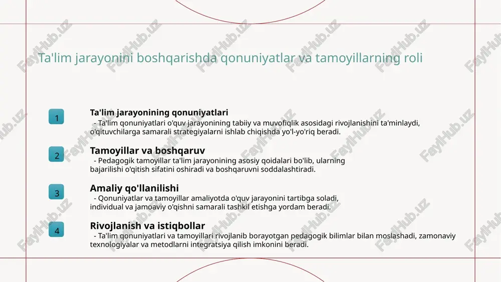 i o’zgarishlar o’quv jarayonida innovatsiyalarni joriy etish va o’quvchilarning motivatsiyasini oshirish imkonini beradi, ta’lim samaradorligini yaxshilaydi. zamonaviy texnologiyalar zamonaviy texnologiyalar ta’lim qonuniyatlarini yangilashda muhim rol o’ynaydi, masalan, onlayn ta’lim va interaktiv metodlar yordamida o’qitishni rivojlantiradi. rivojlanishdagi muhim tendensiyalar rivojlanish jarayonida shaxsga yo’naltirilgan ta’lim, individual yondashuv va texnologik integratsiya asosiy tendensiyalar bo’lib, ta’lim qonuniyatlarini mustahkamlashga yordam beradi. ta'lim metodlari va tamoyillarining samaradorligini ta'minlash yo'llari 1 ta'lim metodlarini optimallashtirish ta'lim metodlarini doimiy ravishda tahlil qilish va takomillashtirish, o'quvchilarning ehtiyojlariga moslash, shuningdek, yangi texnologiyalarni joriy qilish samaradorlikni oshiradi. 2 tamoyillarni individual yondashuv pedagogik tamoyillarni har bir o'quvchining qobiliyatlari va qiziqishlariga moslashtirish, shaxsiy rivojlanishni ta'minlash uchun muhim hisoblanadi. 3 amaliyot va nazariyaning uyg'unligi teorik bilimlarni amaliy faoliyat bilan uzviy bog'lab, o'qitish jarayonida pedagogik tamoyillarni to'g'ri qo'llash, o'quvchilarning bilimini mustahkamlashga yordam beradi. 4 innovatsion yondashuvlar zamonaviy texnologiyalar va pedagogik innovatsiyalarni joriy etish, ta'lim metodlarining samaradorligini oshirish va o'quv jarayonini qiziqarli qilish imkonini beradi. xulosa ta'lim …