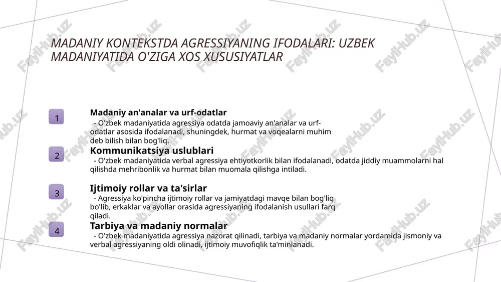 gressiya sabablari jismoniy agressiya odatda stress, g‘azab yoki oilaviy muammolar natijasida yuzaga keladi. bu muammolarni aniqlash va oldini olish asosiy chora-tadbirlarni belgilashda yordam beradi. 02 tashqi ta'sirlar va muhit uy, maktab yoki jamoat muhitidagi agressiv muhit va qattiq odatlar jismoniy agressiyani kuchaytirishi mumkin. muvofiq muhitni yaratish muhim. 03 oldini olish usullari muammolarni oldini olish uchun yoshlarni psixologik qo‘llab-quvvatlash, muomala madaniyatini rivojlantirish va muhitni xavfsiz qilish zarur. 04 ijtimoiy va madaniy yondashuvlar madaniyatga mos muomala va ijtimoiy nazorat agressiyani kamaytiradi. ommaviy axborot vositalarida agressiyani qoralash muhim ahamiyatga ega. zamonaviy texnologiyalar va pedagogik yondashuvlar yordamida agressiyani oldini olish raqamli texnologiyalar yordamida monitoring zamonaviy texnologiyalar, masalan, video kuzatuv va ifoda tanib olish dasturlari yordamida agressiyani aniqlash va oldini olish jarayonlarini samarali amalga oshiradi. interaktiv pedagogik metodlar onlayn kurslar, virtual simulyatsiyalar va interaktiv o‘quv platformalari bilan yoshlar orasida muomala madaniyatini rivojlantirish va agressiyani kamaytirish mumkin. psixologik qo‘llab-quvvatlash tizimlari mobil ilovalar va onlayn konsultatsiyalar yordamida …