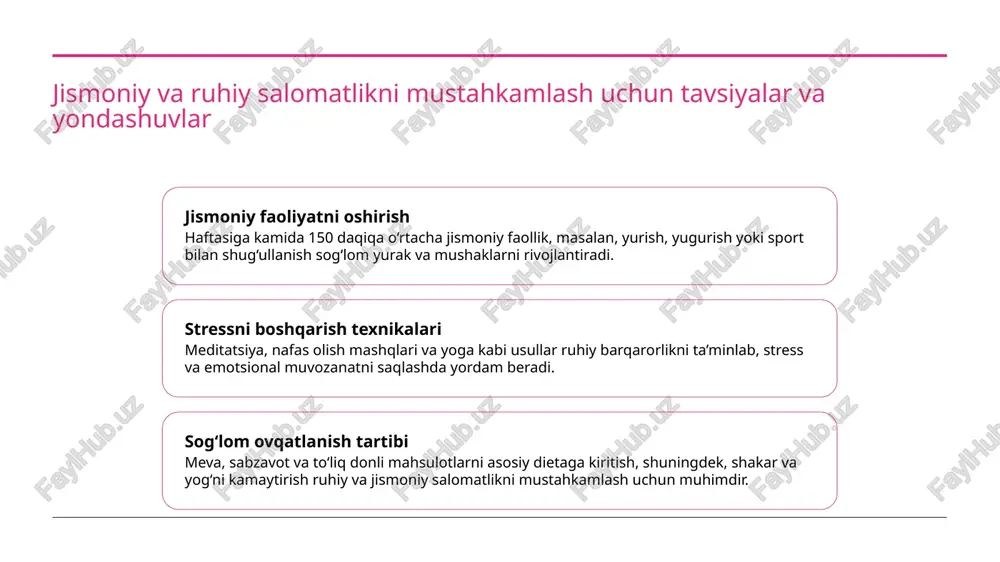 anʼanalar innovatsiyalar va madaniy meros zamonaviy texnologiyalar anʼanaviy qadriyatlar bilan integratsiya qilinib, sog‘lom turmush tarzini rivojlantirishda muhim vositaga aylanishi mumkin. masalan, mobil ilovalar va onlayn platformalar yordamida mahalliy qadriyatlar asosida sog‘lom hayot targ‘ib qilinadi. zamonaviy texnologiyalar, jumladan, virtual trenajyorlar va sog‘lom turmush uchun onlayn kurslar, xalq anʼanalarini yoshlar orasida kengroq tarqatishga yordam beradi. bu usullar qadriyatlarni zamonaviy uslub bilan uyg‘unlashtiradi. innovatsiyalar yordamida, masalan, virtual muzeylar va tarixiy joylarning interaktiv ko‘rgazmalari orqali, yoshlar anʼanaviy madaniyat va sog‘lom turmush tarzi o‘rtasida bog‘lanish yaratiladi. bu esa ular orasida sog‘lom va ma'naviy rivojlanishni rag‘batlantiradi. madaniy anʼanalar va zamonaviy yondashuvlar yordamida yoshlar orasida sogʻlom turmush tarzini rivojlantirish 1 madaniy anʼanalar va tarbiyaning roli o‘zbekiston madaniyatida sog‘lom turmush tarzining asosiy anʼanalari qadimdan rivojlangan. bu anʼanalar yoshlarni jismoniy va ruhiy sog‘lomlikka o‘rgatadi, milliy qadriyatlarni saqlashga yordam beradi. 2 zamonaviy yondashuvlar va innovatsiyalar zamonaviy texnologiyalar va sog‘lom turmush tarziga oid ilmiy yondashuvlar madaniyat bilan uyg‘unlashib, yoshlar orasida sog‘lom …