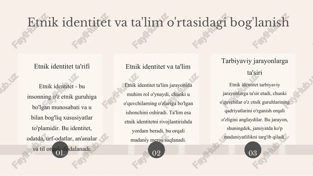 madaniyatlarini saqlab qolish va rivojlantirish uchun maxsus dasturlar ishlab chiqilgan. bunda, ta'lim muassasalari o'z ichida turli xil etnik guruhlar uchun moslashtirilgan ta'lim usullarini qo'llashadi. bu jarayonda, tilda ta'lim berish, madaniy merosni o'rganish va etnik identitetni mustahkamlashga qaratilgan faoliyatlar muhim ahamiyatga ega. etnik identitet va ta'lim o'rtasidagi o'zaro ta'sirlar, shuningdek, yosh avlodning ijtimoiy integratsiyasini ta'minlashda muhim rol o'ynaydi. etnik identitet va akademik muvaffaqiyat etnik identitetning akademik muvaffaqiyatga ta'siri etnik identitet, shaxsning o'zligini anglashda muhim rol o'ynaydi. u o'ziga xos madaniyat, an'analar va qadriyatlar orqali akademik muvaffaqiyatga ta'sir ko'rsatishi mumkin. o'z etnik guruhiga bo'lgan bog'lanish ijobiy motivatsiya va qo'llab-quvvatlashni ta'minlashi mumkin. ijobiy va salbiy tomonlari ijobiy tomonlari sifatida etnik identitet, shaxsga o'ziga xos madaniy boylik va ijtimoiy tarmoqlarni taklif etadi. salbiy tomonlari esa, ayrim hollarda, stereotiplar va kamsituvchilarni olib kelishi mumkin, bu esa akademik muhitda qiyinchiliklar tug'dirishi mumkin. rivojlangan mamlakatlardagi tadqiqot natijalari rivojlangan mamlakatlardagi tadqiqotlar shuni ko'rsatadiki, etnik identitetga ega bo'lgan talabalarning …