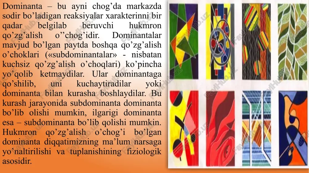olatda sezuvchanlikning o‘zgarishi bilan bog‘langan bo‘ladi. tadqiqotlarning ko‘rsatishicha, his-tuyg‘u organlari sezuvchanligining kuchliligi yosh o‘tishi bilan oshib borib, 20-30 yoshlarda eng yuqori cho‘qqiga chiqadi, keyinchalik esa asta-sekin pasayib boradi. sensibilizatsiya turiga ko‘ra, sezuvchanlik oshishining ikkinchi tomoni vaqtinchalik xususiyatiga ega bo‘lib, fiziologik, shuningdek, sub’ekt holatiga ta’sir ko‘rsatuvchi favqulotda psixologik ta’sirlarga bog‘liq bo‘ladi. sezgilarning o‘zaro ta’sirlashuvida sinesteziya, ya’ni, qo‘zg‘alish ta’sirida boshqa analizatorlarga xos bo‘lgan bir xil sezgi analizatorining hosil bo‘lishi kabi holat ham kuzatiladi. masalan, odamda tovushlar ta’siri ostida rangli sezgilar hosil bo‘lishi mumkin, ba’zi ranglar uyg‘unligi esa o‘z navbatida harorat sezuvchanligiga ta’sir ko‘rsatadi. hammaga ma’lumki, baland tovushlarni «yorqin» ranglar bilan, pastlarini esa «to‘q» ranglar bilan baholaymiz. mavzu yuzasidan adabiyotlar ro‘yhati: 1. yugay a.x., mirashirova n.a. “obshaya psixologiya” – tashkent 2014 g. s.-208-218. 2. safayev n.s., mirashirova n.a. “umumiy psixologiya nazariyasi va amaliyoti“ tdpu, 2013 y, b.90-100. 3. david g. myers “psychology” hope college holland, michigan 2010 y. p.-268-287. e`tiboringiz uchun tashakkur image1.jpeg …