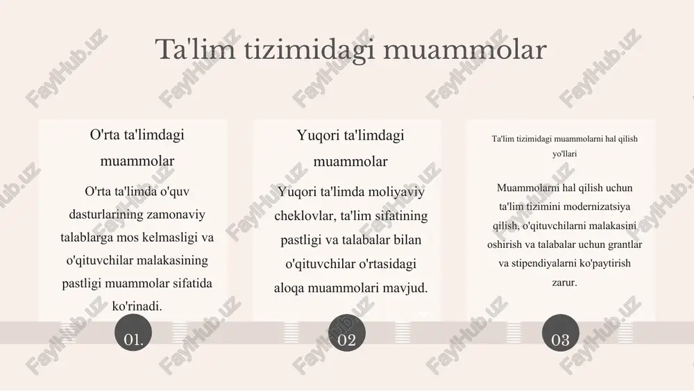 balar uchun samarali strategiyalar: professional tarmoq yaratish, rezyume tayyorlash va suhbatlarga tayyorgarlik ko'rish. shuningdek, onlayn ish portallaridan foydalanish, masalan, headhunter va rabota.uz, foydali bo'ladi. 01. 02. 03. xalqaro imkoniyatlar xalqaro dasturlar va almashuv imkoniyatlari talabalarga global tajriba orttirish va yangi madaniyatlar bilan tanishish imkonini beradi. bu dasturlar orqali talabalar nafaqat bilim olish, balki do'stlik va professional aloqalar o'rnatishlari mumkin. boshqa mamlakatlarda ta'lim olish orqali talabalar o'z kasbiy ko'nikmalarini rivojlantirib, xalqaro ish tajribasiga ega bo'lishadi. bu esa ularning karyera yo'lida katta afzalliklar yaratadi. o'zbekiston va italiyadagi ta'lim tizimlari taqqoslanishi o'zbekiston va italiya ta'lim tizimlari o'rtasida bir qator farqlar mavjud. o'zbekistonda ta'lim davlat tomonidan boshqariladi va ko'p hollarda qattiq me'yorlarga asoslanadi. ta'lim jarayoni umumiy ta'limdan boshlanib, oliy ta'limga qadar davom etadi. talabalar uchun imkoniyatlar ko'p bo'lsa-da, o'zbekistonlik talabalar ko'pincha amaliy tajribadan mahrum bo'lishadi. italiyada esa ta'lim tizimi ko'proq erkin va talabalarga ijodiy yondashuvni qo'llab-quvvatlaydi. ta'lim muassasalari talabalarga ko'proq tanlov imkoniyatini beradi va …
