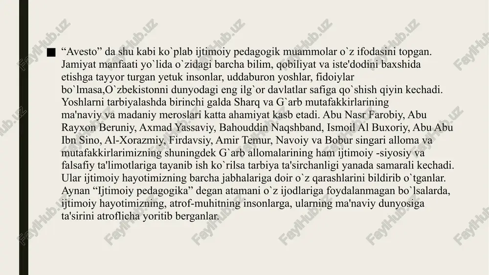 rgan. dehqon oilasidan chiqqan pedagog, demokrat shoir o’z qishlog’i hovlisida dehqon va xunarmandlar uchun ilk maktabni ochgan, kattalar uchun maktab tuzgan, 1914 yil kitob, darslik va o’quv qo’llanmalari bilan savdo qiluvchi do’kon ochgan. keyinchalik siddiqiy yana bir nechta qishloq maktablari ochgan va ularda o’zbek, tojik, rus bolalariga ta’lim-tarbiya bergan. tabiatshunoslik va geografiya darslari tabiat qo’ynida o’tkazilgan. xix-xx asr demokrat shoirlarining ijtimoiy pedagogik qarashlari. ma’rifatparvarlik va demokratik g’oyalari xix asrning oxiri- xx asr boshlarida o’z cho’qqisiga ko’tarildi. o’rta asr islom g’oyalari: so’fiylik, zohidlik, dogmatizm, sxolastikaga qarshi chiqib o’zbek demokratlari eski sharoitlarga umuman mos kelmaydigan ta’lim usullari va tamoyillarini ilgari surdilar: har tomonlama (aqliy, axloqiy, jismoniy, mehnat) dunyoviy, o’g’il bolalar va qizlar uchun bir xil, insoniylik, demokratiya, vatanparvarlik ruhidagi tarbiyani ilgari surdilar va asoslab berdilar. o’zbekistondagi demokratik pedagogik g’oyaning taraqqiyparvar yo’nalishining yirik vakillaridan biri abdulla avloniydir (1878-1934) sharq tillari va adabiyotini yoshligida chuqur o’rganib, u mumtoz o’zbek she’riyati ta’sirida she’rlar yozgan. uzoq …