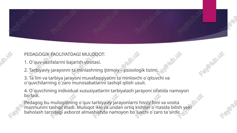 uloqotning maqsadi kishilarning birgalikdagi faoliyatiga ehtiyojini aks ettiradi. bunda muloqot shaxslararo o`zaro ta`sir sifatida namoyon bo`ladi, ya`ni kishilarning birgalikdagi faoliyati jarayonida paydo bo`luvchi aloqa va o`zaro ta`sirlar yig`indisidir. birgalikdagi faoliyat va muloqot ijtimoiy nazorat sharoitida ro`y beradi. jamiyat ijtimoiy normalar sifatida maxsus xulq – atvor namunalari tuzilishini ishlab chiqqan. ijtimoiy normalar ko`lami nihoyat keng – mehnat intizomi harbiy burch va vatanparvarlik xushmuomalalik qoidalari ana shular jumlasidandir. ijtimoiy nazariya muloqotga kirishuvchilar bajaradigan rolning “repertuar”iga mos holda namoyon bo`ladi. psixologiyada “rol’” deganda ijtimoiy (sotsial) mavqeni egallab turuvchi har bir kishidan atrofdagilar kutadigan, normativ tomonidan ma`qullangan xulq – atvor namunasi tushuniladi. (yosh, mansab, jins va oiladagi, o`qituvchi va o`quvchi shifokor va bemor, katta kishi yoki bola, boshliq yoki xodim, ona yoki buvi, erkak yoki ayol, mehmon yoki mezbon rolida namoyon bo`lishi mumkin). o`z navbatida har bir rol’ o`ziga mos talablarga javob berishi kerak. bir kishi turli muloqot vazifalarida turli rollarni bajarishi mumkin. masalan, …