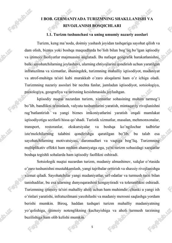 turoperatorlar, davlat siyosati va mahalliy aholi) o’rtasidagi o’zaro aloqalarni o’rganadi. barqaror turizm konsepsiyasi esa hozirgi va kelajak avlodlarning ehtiyojlarini qondiradigan, ekologik jihatdan barqaror, iqtisodiy jihatdan foydali va ijtimoiy jihatdan adolatli turizm rivojlanishini nazarda tutadi. germaniyada turizm sohasining shakllanishi uzoq tarixga ega bo’lib, uning ildizlari xviii asrga borib taqaladi. ilk bosqichlarda germaniya hududlariga sayohat qilish asosan ziyorat, ilmiy ekspeditsiyalar va tabiiy go’zalliklarni o’rganish maqsadida amalga oshirilgan. ayniqsa, romantik harakat vakillarining yozma asarlarida germaniyaning tabiati va tarixiy shaharlariga bo’lgan qiziqish turizmning dastlabki shakllariga turtki bo’lgan. xix asr oxiriga kelib esa, sanoat inqilobi va temiryo’l tizimining rivojlanishi ichki va xalqaro turizmning kengayishiga sabab bo’ldi. 1.2. germaniyada turizm sohasining tarixiy taraqqiyoti germaniyada turizm mamlakat yalpi ichki mahsulotining 8 foizini tashkil qiladi. to’g’ridan-to’g’ri turizm sohasida 3 millionga yaqin ish o’rni mavjud. savdo bilan bir qatorda, bu xizmat ko’rsatish sohasidagi eng yirik sohadir. bu yerda asosan kichik va o’rta biznes sub’ektlari faoliyat ko’rsatayotgani tadbirkorlik tashabbuskorlari uchun …