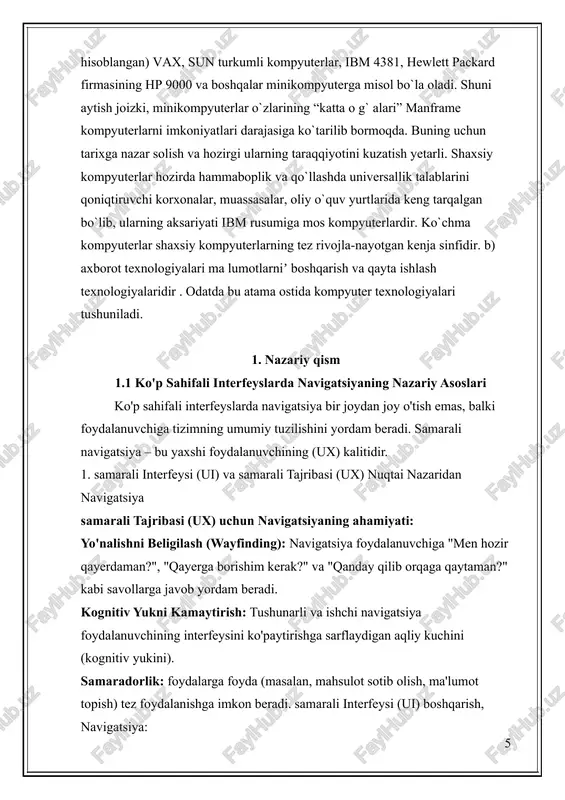 ning vizual ifodasi bo'lib, sahifalar va bo'limlarning bir-biri bilan qanday bog'langanligini ko'rsatuvchi samarali. ia mantiqiy va xavfsizlik bo'lsa, navigatsiya ham shunchalik samarali bo'ladi. ko'p sahifali interfeyslar tuzatib, foydalanish uchun ia tuzilishiga ega bo'ladi: ierarxik (ierarchy): eng keng tarqalgan tuzilma bo'lib, daraxt shaklini eslatadi. samarali yuqoridan harakatga qiladi (masalan, kategoriya$\to$ost-toifa$\to$mahsulot). chiziqli (linear): ketma-ketlikdagi harakatni talab qiladi (masalan, ro'yxatdan o'tish jarayoni, qadam-baqadam ko'rinish). tarmoq/matritsa (matrix/network): sahifalar bir-biri bilan ko'plab o'zaro bog'lanishlarga ega bo'lib, foydalanuvchiga erkin harakatlanish qiladi (masalan, vikipediya sahifalari). 3. asosiy navigatsiya turlari (navigatsiya elementlari) ko'p sahifali interfeyslarda turli xil navigatsiya turlari birgalikda qo' ko'rinishida: a. global (asosiy) navigatsiya bu ilova yoki saytning joyidan barcha asosiy bo'limlarga tez kirishni ta'minlovchi doimiy elementdir. namunalari: mobil ilovalardagi tab barlar (ekran ostida), veb-saytlardagi yuqori (header) navigatsiya barlari , ba'zan yonbosh barlar (sidebars) . vazifasi: ilovaning asosiy bo'limlari (masalan, uy sahifasi, profil, xabarlar, sozlamalar) o'rtasida o'tishni ta'minlash. b. lokal (ichki sahifa) navigatsiya bu joriy bo'lim …