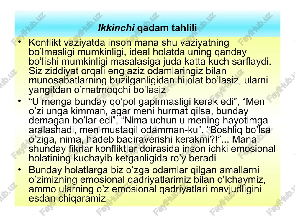 hdan or qilmaysiz, bu – sizning yutug'ingizdir. shu bois, tezda boshqa odam bilan ikkalangiz uchun qoniqarli va manfaatli bo'lgan xulosalarga kelishingiz mumkin. muzokaralarda sizdan unumli foydalanish imkoniyati mavjud. sizdagi kelishuv va kompromissga borish qobiliyati konflikt vaziyatni, qisqa muddatga bo'lsa ham, echimga olib kelishi mumkin. kompromissga bora oladigan odam ko'pchilikda ishonch uyg'otadi. ishonch esa, konflikt echimining zarur shartlaridan biri hisoblanadi. usulning kamchiliklari: sizni adolatli echimdan ko'ra, ko'proq tezkor echim qiziqtiradi. shu bois sizning echimingiz adolatsiz va vaqtinchalik bo'lishi mumkin. siz shoshilasiz, shu sabab har doim ham konflikt echimi uchun mavjud hamma yo'llarni qidirib, topishga ulgurmaysiz. konflikt echimi siz aralashganda vaqtinchalik bo'lib, keyin yana boshidan rivojlanib ketishi ehtimoli mavjud. sizdagi qobiyaliyatga ishonib qolib, konfliktdagi bosh muammo – muammoligicha qolib ketishi mumkin. «straus» usuli shiori: «meni tinch qo'yinglar! meni hech narsa qiziqtirmaydi!” usulning afzalliklari: siz hech qachon yoqalashish, mushtlashish, urush – janjal vaziyatiga tushmaysiz. chunki har doim biror bir ziddiyat vujudga kelayotgan joydan …