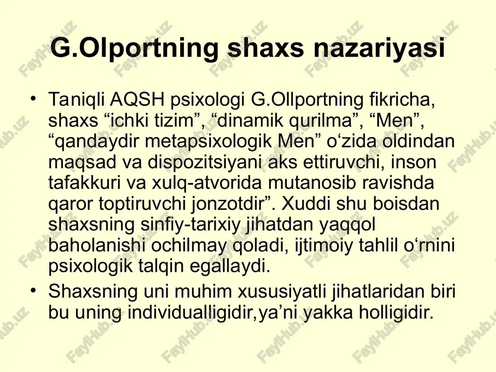 atni o‘ylamaslik, tarqoqlik. ishonchlilik - ishonchsizlik. ulg‘ayish - organizmning etilmay qolishi. odoblilik - odobsizlik. kirishimlilik - odamovi. quvnoqlik - g‘amginlik. maftunkorlik - ixlosi qaytganlilik. dilkashlik - pismiq. faollik - sustkashlik. mustaqillik - konformlilik ekspressivlik - vazminlik xilma-xil qiziqishlar - tor qiziqish. ta’sirchanlik - sovuqqonlik. jiddiylik - betayinlik. halollik - aldamchilik. tajovvuzkorlik - oq ko‘ngillilik. tetiklik - quvnoqlik. optimizm - umidsizlik (pessimizm). botirlik - qo‘rqoqlik. oliy himmatlilik – ziqnalik; erkinlik - tobelik. adabiyotlar g'oziev e.g'. umumiy psixologiya. t.: o'qituvchi, 2010. xoll k., lindsey g. teorii lichnosti. m., 1998.- 796 s. xell l., zigler d. teorii lichnosti. spb.: piter, 1997. – 608 s. nazorat savollari gumanistik psixologiyaning asosiy prinsiplari g.olportning shaxs nazariyasi. taniqli aqsh psixologi shaxs tiplari: a.maslou shaxs nazariyasi. maslou ehtiyojlar piramidasi. k. rodjersning shaxs nazariyasi. men konsepsiyasi xarakterlovchi jihatlari. shaxs markazlashgan psixoterapiyaning asosiy prinsipi. r.meyining shaxs xislatlari.