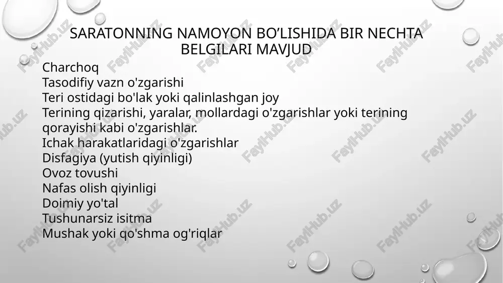 qayd etilgan — 18 foiz (1,8 millionta holat), undan keyin kollekterial saraton — 9,4 foiz, jigar saratoni — 8,3 foiz, oshqozon — 7,7 foiz va ko‘krak saratoni — 6,9 foiz. ekspertlarning prognoziga ko‘ra, 2040-yilga borib butun dunyoda saratonning 28,4 millionga yaqin yangi holati qayd etiladi, bu 2020-yilgi ko‘rsatkichlarga qaraganda 47 foizga ko‘p demak. image3.png image4.jpeg image5.jpeg image6.png image7.png image2.png image8.jpeg image9.jpeg image10.jpeg image11.jpeg image1.png 530727683 /docprops/thumbnail.jpeg
