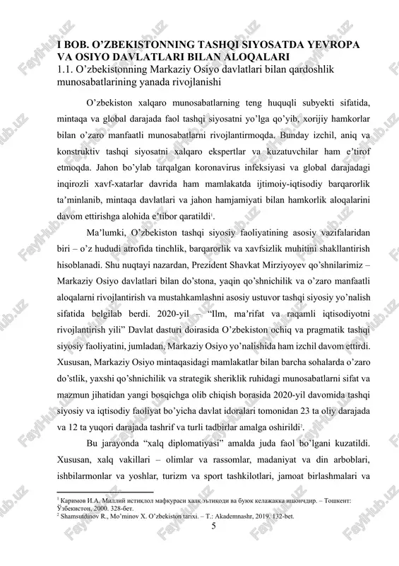 ettirdi. xususan, markaziy osiyo mintaqasidagi mamlakatlar bilan barcha sohalarda o’zaro do’stlik, yaxshi qo’shnichilik va strategik sheriklik ruhidagi munosabatlarni sifat va mazmun jihatidan yangi bosqichga olib chiqish borasida 2020-yil davomida tashqi siyosiy va iqtisodiy faoliyat bo’yicha davlat idoralari tomonidan 23 ta oliy darajada va 12 ta yuqori darajada tashrif va turli tadbirlar amalga oshirildi[footnoteref:2]. [2: shamsutdinov r., mo’minov x. o’zbekiston tarixi. – t.: akademnashr, 2019. 132-bet.] bu jarayonda “xalq diplomatiyasi” amalda juda faol bo’lgani kuzatildi. xususan, xalq vakillari – olimlar va rassomlar, madaniyat va din arboblari, ishbilarmonlar va yoshlar, turizm va sport tashkilotlari, jamoat birlashmalari va nodavlat tashkilotlar ishtirokida 90 dan ortiq turli uchrashuv, anjuman, videokonfrensiya va boshqa shu kabi tadbirlar o’tkazildi. qayd etish joizki, so’nggi yillarda prezident shavkat mirziyoyev tashabbuslari qo’shni davlatlar rahbarlari tomonidan qo’llab-quvvatlanishi natijasida markaziy osiyoda siyosiy muloqot va o’zaro ishonch mustahkamlandi. davlat rahbarlarining maslahatlashuv uchrashuvlari yo’lga qo’yildi. natijada mintaqadagi ikki va ko’p tomonlama hamkorlik darajasi yangi bosqichga …
