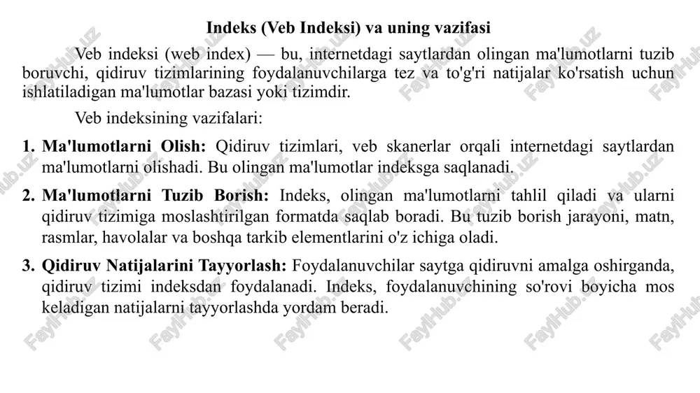 rish imkonini beradi. 6. bo'limlar va saytlar arasida bog'lovchi elementlar: crawlerlar bog'liqligi oshirish uchun saytni bo'limlarga ajratadi. bu, sayt ichidagi bog'liqlarni aniqlash va ularga qarab tekshiruvlar bajarishda yordam beradi. 7. qo'shimcha ma'lumotlarni olish: crawler, html tahlili orqali qo'shimcha ma'lumotlarni (masalan, meta-tavsiflar, skriptlar, stil fayllari) olishadi. bu ma'lumotlar saytning qidirish tizimlari va indeksatsiya jarayonlarida foydalaniladi. 8. indeksatsiya uchun qo'llanma: crawler, olingan ma'lumotlarni indeksatsiya qilish uchun ularni ma'lumotlar bazasiga yuboradi. indeksatsiya, foydalanuvchilarning qidiruv so'rovlariga tez va to'g'ri javob berishni ta'minlaydi. xulosa crawlerlar, veb saytlarini tekshirib, ma'lumotlarni olish va indeksatsiyaga tayyorlash uchun ishlaydigan texnologiyadir. ular quyidagi muhim vazifalarni bajaradilar: url qabul qilish: saytlardan olingan yoki oldindan aniqlangan url-larni qabul qilish. html olish: saytlardan html-kodlarini olish va ulardan ma'lumotlarni tahlil qilish. url tahlil qilish: html-kodlarni tahlil qilib, saytlardagi barcha url-larni aniqlash. qidiruv tartibi: qidirish tizimini o'z ichiga olgan url-larni qidiruv tartibida saqlash. bog'liqlarni olish: saytlardagi bog'liqlarni aniqlash va ularni tahlil qilish. ma'lumotlarni saqlash: olingan …