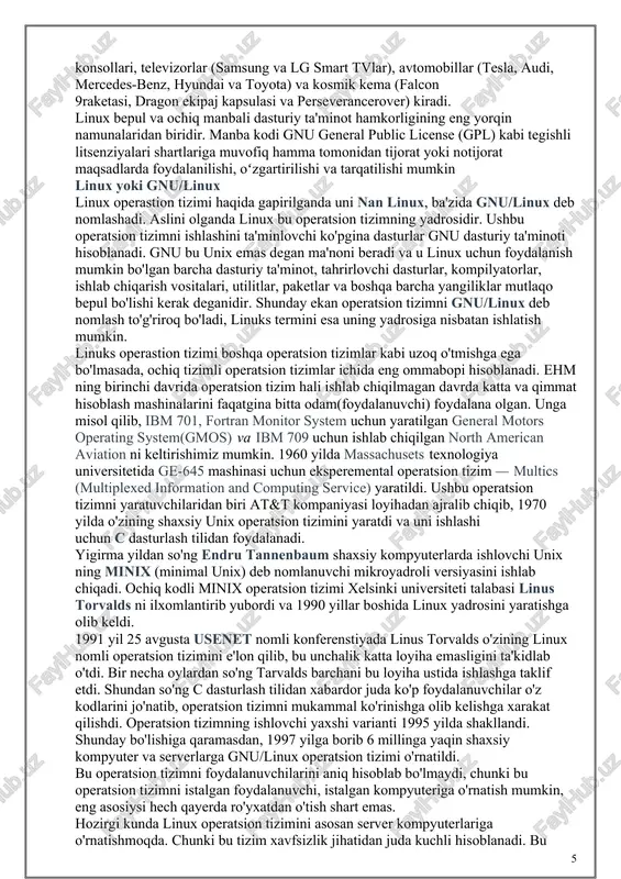 ux yadrosining o'zgartirilgan versiyasiga samarali bo'lib, linuxni mobil qurilmalariga olib kirdi. xozirgi kun bulutli katta (cloud computing), ma'lumotlar (big), internet qurilmalari () va veb-server linux dataiotlar: ustunlik panellari. minglab dasturchilar linux yadrosini doimiy ravishda rivojlantirish, yangilab tekshirish. xulosa qilib aytganda: linux operatsion tizimi fin talabasi linus torvaldsning uni-ga o'ziga xos yadrox kirishga bo'lgan sog'liqdan kelib chiqqan va richard stallman boshchiligidagi gnu loyihasining erkin ta'minoti bilan bir omillarni ishlab chiqarish, o'zgartirish va ochiq kodli global tizimga aylangan. linux yadrosiga asoslangan ochiq kodli unixga oʻxshash operatsion tizimlar oilasi boʻlib, operatsion tizim yadrosi birinchi marta 1991-yil 17 sentyabrda linus torvalds tomonidan chiqarilgan. linux odatda linux distribyutorlarida paketlanadi. taʼminotlar linux yadrosi va qoʻllab-quvvatlovchi tizim dasturlari va kutubxonalarni oʻz ichiga oladi, ularning koʻpchiligi gnu loyihasi tomonidan taqdim etiladi. koʻpgina linux distribyutorlari oʻz nomida „linux“ soʻzidan foydalanadi, ammo free software foundation gnudasturiy taʼminotining ahamiyatini taʼkidlash uchun baʼzi tortishuvlarga sabab boʻluvchi „gnu/linux“ nomidan foydalanadi. linux, shuningdek, oʻrnatilgan …