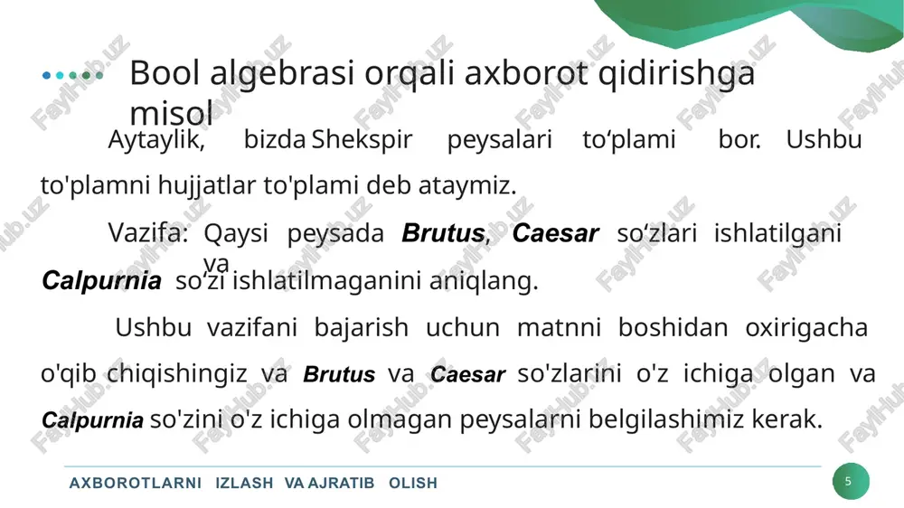 ay tashkil etishni tanlash. mantiqiy so'rovlarni qayta ishlash samaradorligiga ta'sir qiluvchi asosiy omil so'z pozitsiyalari ro'yxatiga kirish tartibidir. and amali bilan birlashtirilgan t ta atamalardan iborat so'rovni ko'rib chiqamiz. masalan, brutus and caesar and calpurnia mantiqiy (boolev) qidiruv axborotlarni izlash va ajratib olish 22 amalda standart evristik usul qo'llaniladi, u hujjatlar chastotasining ortib borayotgan tartibida atamalarni qayta ishlashdan iborat. agar biz so'z pozitsiyalarining ikkita eng kichik ro'yxatining kesishmasidan boshlasak, unda barcha oraliq natijalar so'z pozitsiyalarining eng kichik ro'yxatidan oshmasligi kerak, ya'ni biz eng kam ish hajmini qilamiz. brutus − caesar − 1 →2 →4 →11→ 31 →45 →173→ 174 1→2→ 4→ 5→ 6 →16 →57→ 132 . . . calpurnia − 2→ 31→ 54→ 101 mantiqiy (boolev) qidiruv axborotlarni izlash va ajratib olish 23 taqdim etilgan so'z pozitsiyalari ro'yxati uchun so'rovlarni qayta ishlash quyidagicha ko'rinishi kerak. (calpurnia and brutus) and caesar intellektual qidiruv tushunchalari axborotlarni izlash va ajratib olish 24 …
