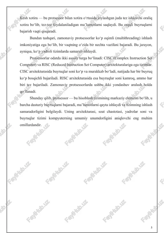 izimlarda barcha hisoblash jarayonlari yagona yadro orqali amalga oshiriladi, ya’ni bir vaqtning o‘zida faqat bitta buyruq oqimi bajariladi. bir yadroli protsessorning ishlash prinsipi quyidagi asosiy bosqichlardan iborat: 1. buyruqni olish (fetch) – dasturdagi navbatdagi buyruq xotiradan olinadi. 2. buyruqni tahlil qilish (decode) – buyruqning turi va bajariladigan amal aniqlanadi. 3. buyruqni bajarish (execute) – buyruq bajariladi, natijalar qayta ishlanadi yoki xotiraga yoziladi. bu jarayonlar siklik ravishda uzluksiz takrorlanib turadi. shu uch bosqichdan iborat jarayon “protsessor sikli” deb yuritiladi. bir yadroli protsessorlarning arxitekturasi odatda fon neyman modeli asosida qurilgan. bu modelda dastur kodi va ma’lumotlar bitta xotira maydonida saqlanadi, shu sababli ma’lumot va buyruq oqimlari bitta shinada harakatlanadi. bu oddiy tuzilma ishlab chiqishni osonlashtiradi, biroq ishlov berish tezligini cheklaydi. chunki protsessor har safar buyruqni yoki ma’lumotni xotiradan ketma-ket olishga majbur bo‘ladi — bu esa “von neyman bottleneck” deb ataluvchi muammoga sabab bo‘ladi. bir yadroli protsessorlarning asosiy afzalliklari — ularning oddiyligi, ishlab …