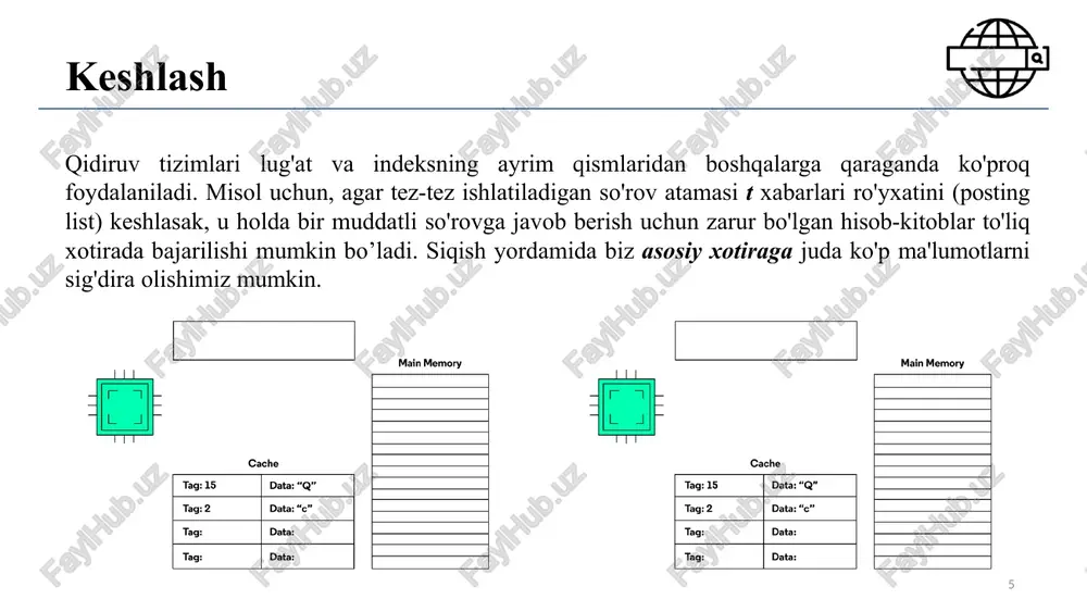 r sifatida 21 lug'at qator sifatida (binar qidiruv) endi esa yanada sodda ko’rinishda jadvalda binar qidiruv (binary search) yordamida ma'lumotlar tuzilmasidagi atamalarni qidiriladi. oldingi sxema bilan solishtirganda, bu sxema xotiraning 60% ni tejaydi, chunki biz bir atama uchun o'rtacha 20 bayt o'rniga 12 bayt ajratamiz. 22 bloklangan xotira (blocked storage) lug'atni qatordagi atamalarni k o'lchamdagi bloklarga guruhlash va har bir blokning faqat birinchi a'zosiga ko'rsatgich qo'yish orqali yanada siqish mumkin. ko‘rsatkichlarni har bir k-sonli qatorga saqlash. – misol uchun k=4. term uzunligini saqlash kerak (qo'shimcha 1 bayt) ….7systile9syzygetic8syzygial6syzygy11szaibelyite8szczecin9szomo…. freq. postings ptr. term ptr. 33  oradadi 3 ta  ko’rsatgich uchun  9 bayt tejaladi. 29 44 126 7 term uzunli uchun 4 bayt sarflanadi sec. 5.2 23 old kodlash (front coding) front-coding: saralangan so‘zlar odatda uzoq umumiy prefiksga ega - faqat farqlarni saqlash (k blokidagi oxirgi k-1 uchun) 8automata8automate9automatic10automation 8automat*a1e2ic3ion "automat" prefiksini kodlaydi " automat " dan ortiq qo'shimcha …