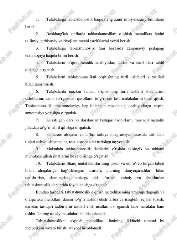 i o‘rtasidagi izchillikni va barch; tarbiyalovchi ta'lim elementlarining yaxlitligini hamda rivojlanishini ko‘rib chiqadi. o’qitish tizimi o‘quvchilar bilimining puxta bo'lishi va ongig; yetib borishini ta'minlaydi. tabiatshunoslikni o'qitish metodikas barcha predmetlar uchun umumiy tamoyillarga ega bo‘lgan didaktil va tarbiya jihatidan pedagogika bilan chambarchas bog‘langan maktabda ta’lim-tarbiya jarayoni amalga oshiriladi va o‘iganiladigai materialning mazmuni, uni bayon qilish mantiqi, o'qitisl metodlari barcha shakljardagi butun ta’lim jarayonini, o‘qituvch shaxsining o‘zi, uning fanga fidoyiligini ham tarbiyalaydi. metodikani didaktik yo‘l bilan pedagogikaga bevosita bog‘laj turib, bular o‘rtasidagi tafovutlarni ham hisobga olish kerak. didaktika pedagogikaning barcha maktab predmetlari uchui umumiy bo‘lgan ta’lim nazariyasi va o‘qitish 9 tamoyillarini ishlal chiqadigan bir tarmoqdir. mustaqil ilmiy predmet sifatida qaro topgan tabiatshunoslikni o‘qitish metodikasi tabiat fanlarin o'qitishning o'ziga xosligi bilan taqozo qilingan ta’lim va tarbiyaninj mazmuni, shakllari va metodlari to‘g‘risidagi nazariy hamda amalb muammolarini ishlab chiqadi. darhaqiqat, pedagogik fan sifatida tabiatshunoslikni o‘qitisl metodikasi didaktika bilan bog‘langan. faqat ta'lim va tarbiyaninj pedagogik maqsadi …