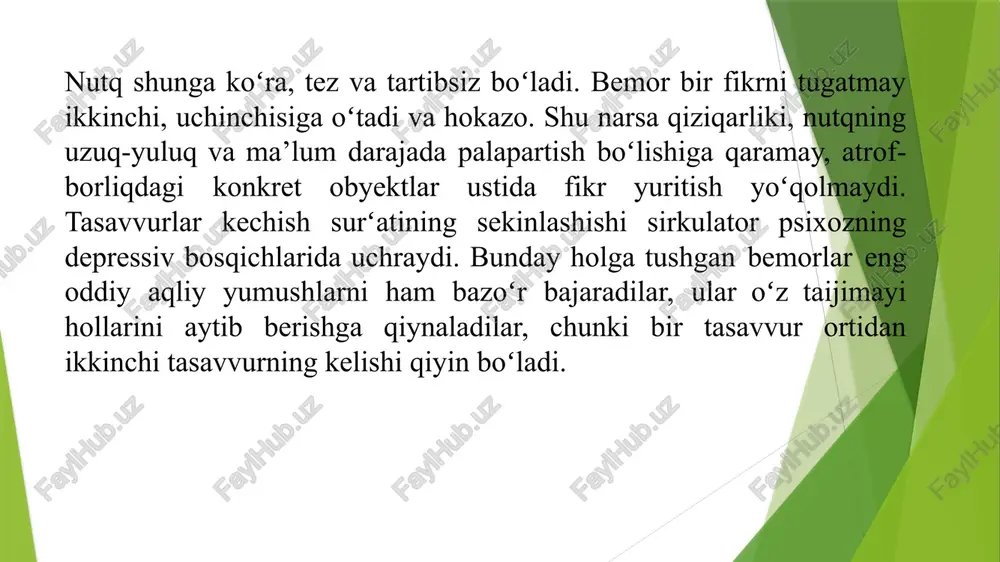 ni ham tushunmaydilar. bunday bemorlar erkin gapiradilar, lekin ancha buzilgan va birmuncha tushunarsiz boʻlgan nutqda bir xil soʻzlar va boʻgʻinlarni boshqalari bilan almashtirishga koʻp marta yoʻl qoʻyadilar. koʻpincha ularning nutqi soʻzlar yigʻindisidan iborat soʻzlarni tanlashga aylanib qoladi. sensor afaziya uchun nutq beqarorligi (logoreya) xosdir amnestik afaziya narsalarning nomlarini aytish qobiliyatining buzilishida namoyon boʻladi. bemor jarrohlik stoli ustida turgan qaychini pichoq deb ataydi. total afaziya nutqning barcha turlari yoʻqolishi bilan xarakterlanadi. bemor gapirishga harakat qilib, ba’zan u yoki bu tovushni talaffuz qilishi mumkin. aqlpastlik — tafakkurning buzilishi boʻlib, bunda odamning hodisalar oʻrtasidagi bogʻlanishni tushunish qobiliyati pasayib ketadi motor afaziya — soʻzlarni talaffuz qilishga qobiliyatsizlik yoki bu qobiliyatning sezilarli ravishda pasayishidir sensor afaziya atrofdagilar nutqini yomon tushunish afaziya - nutqning buzilishi amnestik afaziya - narsalarning nomlarini aytish qobiliyatining buzilishi total afaziya - nutqning barcha turlari yoʻqolishi total afaziya nutqning barcha turlari yoʻqolishi bilan xarakterlanadi yozma nutqning yomonlashuvi agrafiya deyiladi. perseveratsiya — bir …