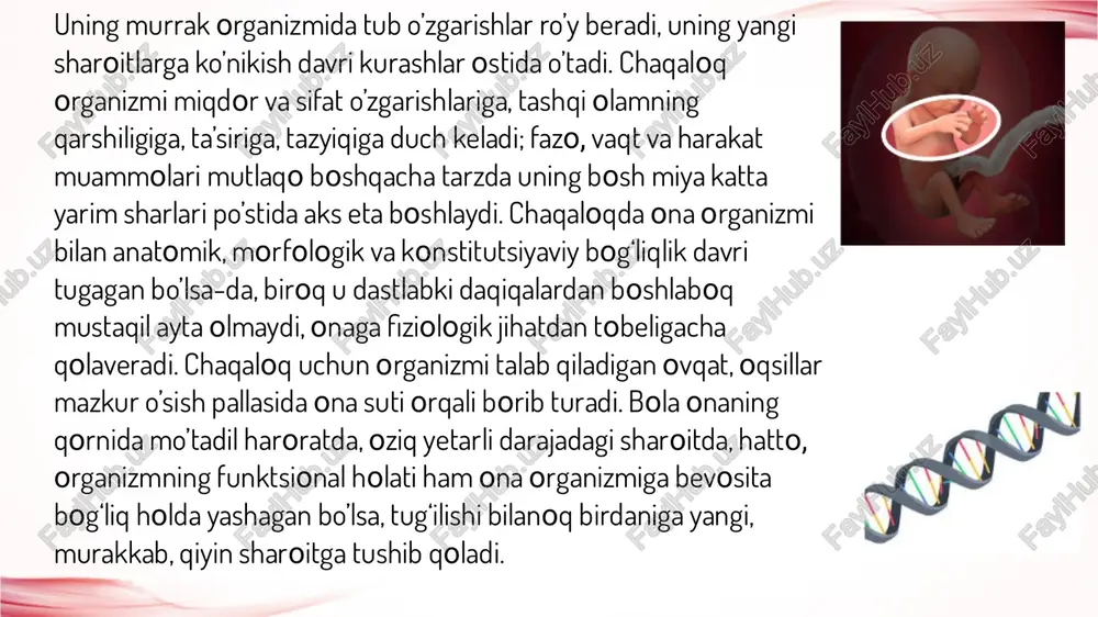 ash, o’zini to’tish reflekslarining paydo bo’lishn unga fazoda to’g‘ri harakat qilishga imkon yaratadi. tom ma’nodagi sudralish - bolaning narsalarga qo’l cho’zishidan boshlab, oldinga intilishida ko’rinadi. bu jarayon keyinroq yanada taraqqiy eta boshlaydi. tug‘ilishga yaqin chaqaloqda quloq va ko’z mexanizmlari o’z vazifasini o’tashga tayyor bo’ladi. bundan tashqari, unda qator himoya va orientir reflekslari (o’ta yorug‘likka qarash natijasida ko’zni pirpiratish, boshini olib qochish, burish, kuchli tovushdan cho’chish kabilar) ham mavjud bo’ladi. ammo chaqaloqda ko’rish va eshitish apparatlari orqali o’z diqqatini biror obektga to’plash imkoni bo’lmaydi, chunki obektni tanish, tovushni ajratish, sezish imkoniyati bolada keyinchalik vujudga keladi. chaqaloq uchun tug‘ma, mexanizmlar yangi sharoitga moslashish (ko’nikish) uchun kifoya qilmaydi. shu boisdan uni tarbiyalashda qo’shimcha tarbiyaviy tadbirlar qo’llanmasa, chaqaloq o’sishdan orqada qolishi mumkin. chaqaloq ona qornidagi yashash sharoitidan atmosferada hayot kechirishga o’tgan dastlabki paytlarda uning uyqu va uyqusizlik holatlari o’rtasida keskin chegara bo’lmaydi. tug‘ilgan chaqaloqning vazni tez kamaya boradi. buning sababi undan suyuqlik moddasining chiqib …