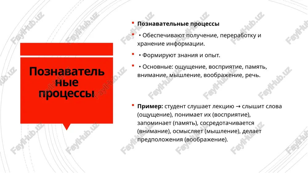 izbiratelnaya napravlennost vospriyatiya na tot ili inoy ob'ekt. ochen tesno svyazana s pamyatyu (nekotorie kognitivisti schitayut, chto eto i vovse odno i to je), a takje voley. pri pomoshi voli chelovek mojet izmenit svoe otnoshenie k predmetu i obratit na nego soznatelnoe vnimanie, to est videlit ego iz ostalnix. vnimanie pomogaet cheloveku uspeshno orientirovatsya v okrujayushem mire. pod svoystvami vnimaniya sleduet imet v vidu: ob'em, napravlennost, sosredotochennost, raspredelennost, intensivnost, pereklyuchaemost i ustoychivost. funktsii poznavatelnix protsessov poluchenie informatsii: oshusheniya i vospriyatie pozvolyayut nam poluchat dannie iz vneshnego mira. obrabotka i xranenie informatsii: pamyat i mishlenie otvechayut za organizatsiyu i soxranenie poluchennoy informatsii. ispolzovanie informatsii: mishlenie i voobrajenie pozvolyayut nam ispolzovat informatsiyu dlya resheniya zadach, predvideniya rezultatov i planirovaniya deystviy. vzaimodeystvie s mirom: poznavatelnie protsessi svyazivayut cheloveka s realnostyu, obespechivaya vozmojnost vzaimodeystviya i adaptatsii. /docprops/thumbnail.jpeg