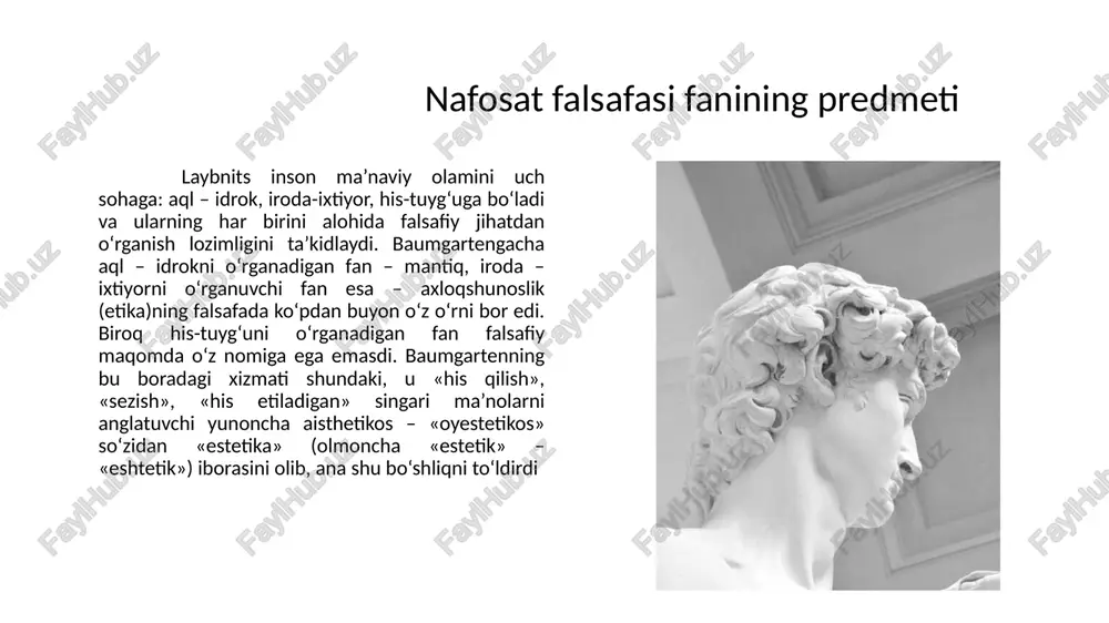 haykaltarosh qo‘l urganidan so‘ng, undan hayot nafasi, insoniy hissiyotlar ufura boshlaydi. gap bunda toshga odam qiyofasi berilganida emas, balki shu qiyofaga bir lahzalik insoniy tuyg‘ularning jamlanganidadir. boshqacharoq qilib aytganda, ijodkor toshga o‘zi tomoshabinga etkazishni maqsad qilib qo‘ygan hissiyotlarning suratini chizadi va oddiy toshni haqiqiy san’at asariga aylantiradi. agar ijodkor - haykaltarosh ana shu hissiyotlarni o‘zi mo‘ljallagan darajada tomoshabinga etkaza olsa va tomoshabinda o‘sha hissiyotlarga yo aynan, yo monand tuyg‘ular uyg‘ota olsa, mazkur haykal haqiqiy san’at asari hisoblanadi. nafosat falsafasi fanining boshqa ijtimoiy fanlar bilan aloqadorligi bugungi kunda nafosat falsafasining sotsiologiya (ijtimoiyshunoslik) bilan aloqadorligi juda ham muhim. ma’lumki, har bir san’at asari alohida inson shaxsiga e’tibor qilgani holda, jamiyatni ijtimoiy munosabatlar tizimi sifatida badiiy tadqiq etadi. hatto inson va jamiyat bevosita aks etmagan manzara janridagi asarda ham ijtimoiylik jamiyat a’zosi – muallif qarashlarining bilvosita in’ikosi bo‘lmish uslubda o‘zini ko‘rsatadi. zero asar muallifi hech qachon o‘zi mansub jamiyatdan chetda «tomoshabin» bo‘lib turolmaydi. …