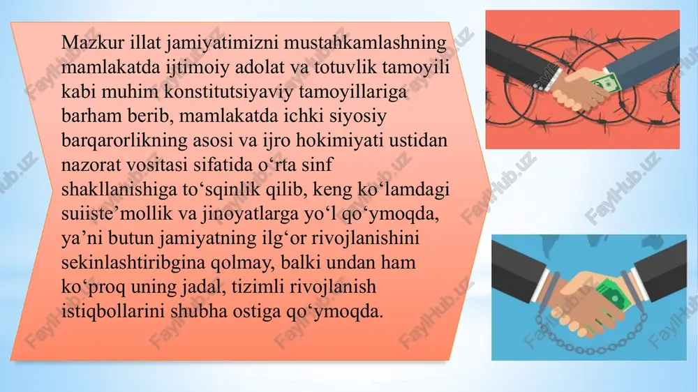 rlar o'ta xavfli sharoitlarda ishlashga majbur bo'lganligi sababli, hokimiyatning qarorlari biznes uchun jiddiy o'zgarishlarga olib kelishi va shuning uchun bu qarorlar savdo predmetiga aylanganligi sababli inqiroz korrupsiyasi deb ataladi. o‘zbekiston respublikasida korrupsiyaga qarshi kurash siyosatining mazmuni * o‘zbekiston respublikasining 2017 yil 3 yanvardagi “korrupsiyaga qarshi kurashish to‘g‘risida”gi qonuni 6 bob, 34 ta moddadan iborat bo‘lib, unda o‘zbekiston respublikasida korrupsiyaga qarshi kurash siyosatining asosiy yo‘nalishlari belgilab berilgan va “korrupsiya”, “korrupsiyaga oid huquqbuzarlik”, “manfaatlar to‘qnashuvi” kabi asosiy tushunchalar, korrupsiyaga qarshi kurashning asosiy prinsiplari bu boradagi davlat siyosati, korrupsiyaga qarshi kurashish bo‘yicha idoralararo komissiyalar va davlatning vakolatli organlari, nodavlat notijorat tashkilotlari, oav qatnashishi, aholini korrupsiyaga qarshi kurashish sohasidagi huquqiy ong va huquqiy madaniyatini yuksaltirish va h.k. mazkur qonunda korrupsiyaga qarshi kurashish sohasidagi munosabatlarni to‘liq qonuniy tartibga solish, fuqarolarning huquqiy ongi va madaniyatini yuksaltirish orqali jamiyatda korrupsiyaga toqat qilmaslik muhitini yaratish ko‘zda tutildi. yuqori bo‘g‘inli korrupsiya uyushgan jinoiy guruhlar bilan aloqador bo‘lmaydi. bunda yuqori …