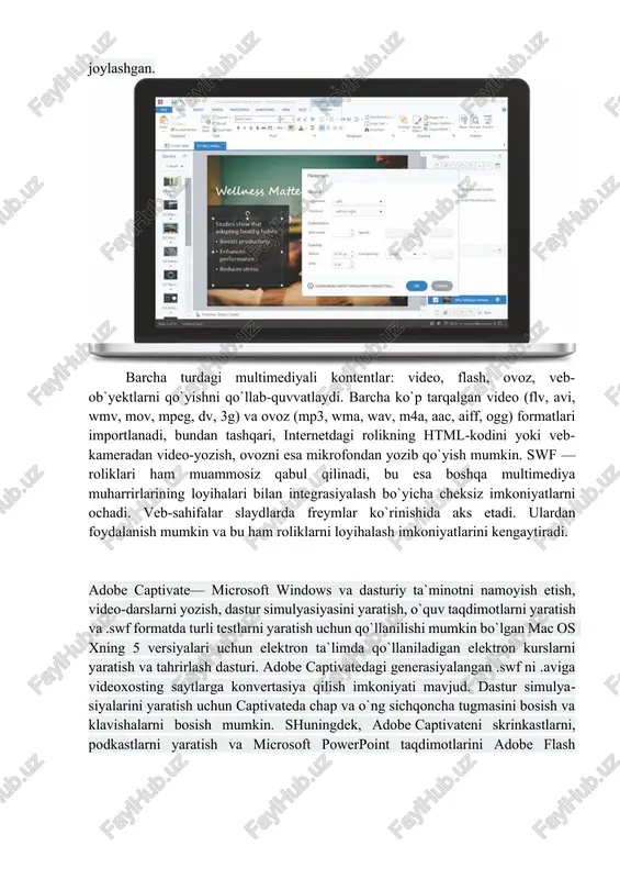 an biri hisoblanib, zamonaviy texnologiyalarning o`qitish vositasi sifatida qo`llaniladi. mualliflik dasturiy ta`minotlar yordamida elektron darsliklar yaratish juda qulay. elektron darsliklar, kompyuter texnologiyalaridan foydalangan holda eng muhim tushuncha va qonuniyatlarni tushunish hamda yodda saqlashni maksimal darajada yengillashtiradi. quyida mualliflik dasturiy ta`minotlarining imkoniyatlari haqida fikr yuritiladi. mualliflik dasturlariga misol qilib, articulate storyline, adobe captivate, courselab, ispringpro, lectora kabi dasturlarni keltirishimiz mumkin. articulate storyline kurslar yaratish uchun mo`ljallangan eng mashhur dasturlardan biri bo`lib, u moslashuvchan, foydalanishda qulay va turli maqsadli kurslar yaratish uchun ishlab chiqilgan. articulate storyline — uch utilitli (presenter, quizmaker, engage) paket, o`rgatuvchi kurslarni, taqdimotlar, testlar va kontentning boshqa shakllarini ipadda ko`rish va masofali ta`lim tizimlariga integrallanishi mumkin bo`lgan flash va html5 formatlarda yaratish imkoniyatini beradi. dastur murakkab interfaol senariylarni amalga oshirish uchun deyarli cheksiz imkoniyatlarni taklif etadi. endi o`quv kursining murakkab interfaol senariysini yaratish uchun dastur tuzishni yoki flashni qo`llashni bilish shart emas — storyline buning uchun barcha vositalarni taklif …