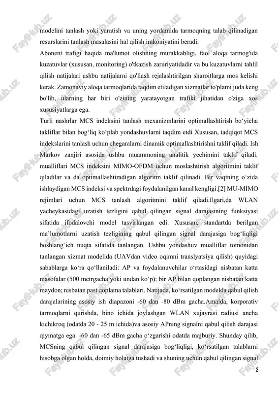 ishlash radiusi bluetooth yoki rfid ning ishlash radiusidan kattaroqdir. wlan dan foydolanishning yana bir afzalligi shundaki, to‘g‘ri ko‘rinish chizig‘i talab qilinmaydi. toa, tdoa yoki aoa usullari vaqt kechikishini va burchak o‘lchovlarini aniqlashning murakkabligi tufayli wlan da kamroq tarqalgan. wlan orqali joylashuvni aniqlashning eng mashhur usuli – bu 802.11 tarmoqlarida osongina olish mumkin bo‘lgan va mavjud wlan uskunalarida ishlashi mumkin bo‘lgan rssi (qabul qilingan signal kuchligi ko‘rsatkichi) dan foydalanishdir. shu sababli, wlan orqali joylashuvni aniqlash tizimlari ichki makonlarda lokalizatsiya qilishning eng keng tarqalgan usuliga aylandi. umuman olganda, wlan bilan birgalikda rssi dan foydalanishni to‘rtta strategiyaga bo‘lish mumkin: tarqalish modellashtirish, cell of origin (coo), fingerprinting (fp) va multilateratsiya [1-2]. yuqorida keltirilgan usullarning har birini qisqacha izohlaymiz: · cell of origin (coo) – bu eng oddiy usul bo‘lib, 50 metr aniqlikda joylashuvni aniqlashni ta’minlaydi. ushbu usulda mobil qurilmada eng yuqori rssi qiymatini hosil qiluvchi kirish nuqtasi aniqlanadi va foydalanuvchining joylashuvi shu kirish nuqtasi …